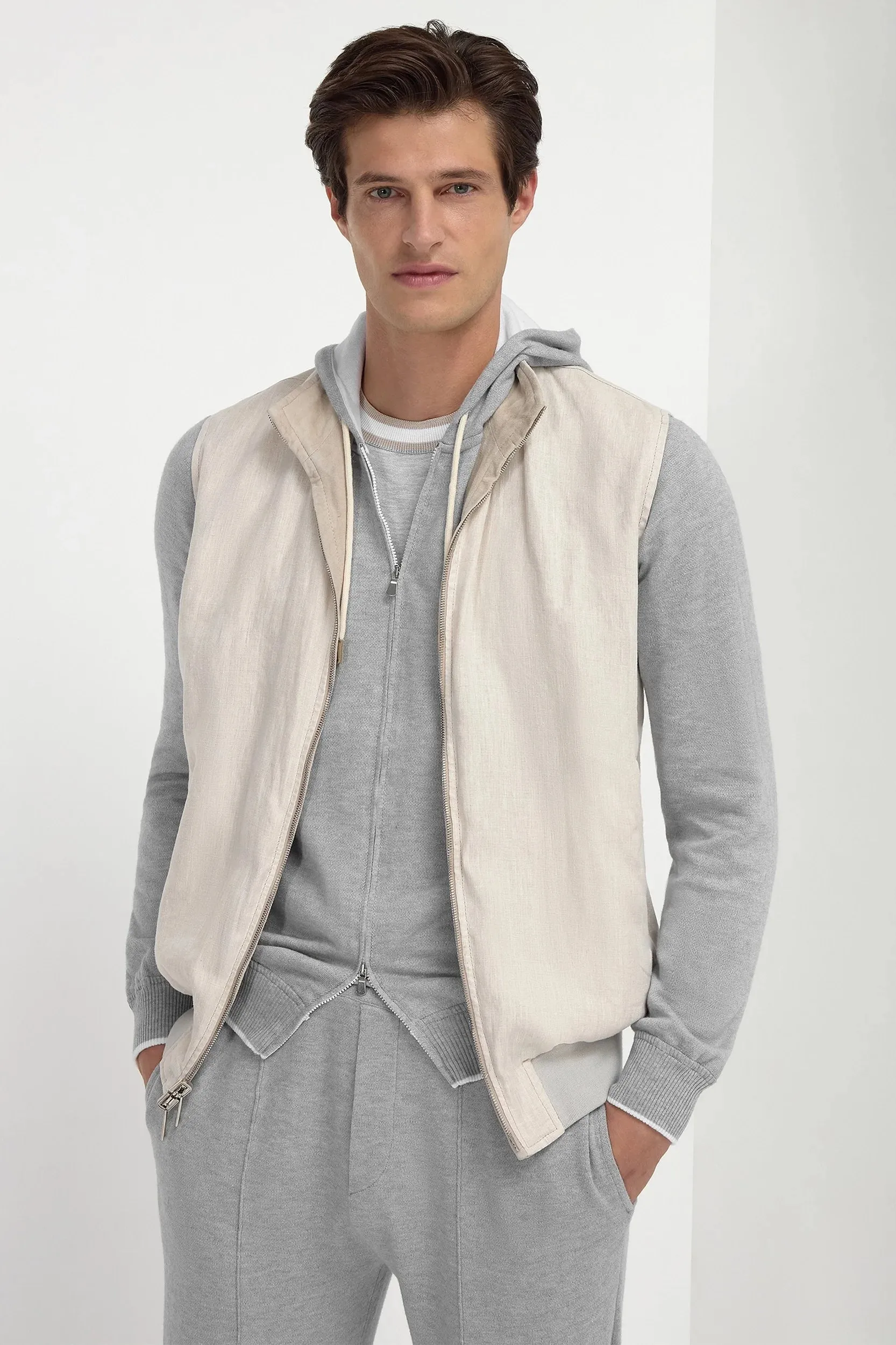 Flatlock stitching Sand suede reversible vest - Made in Italy