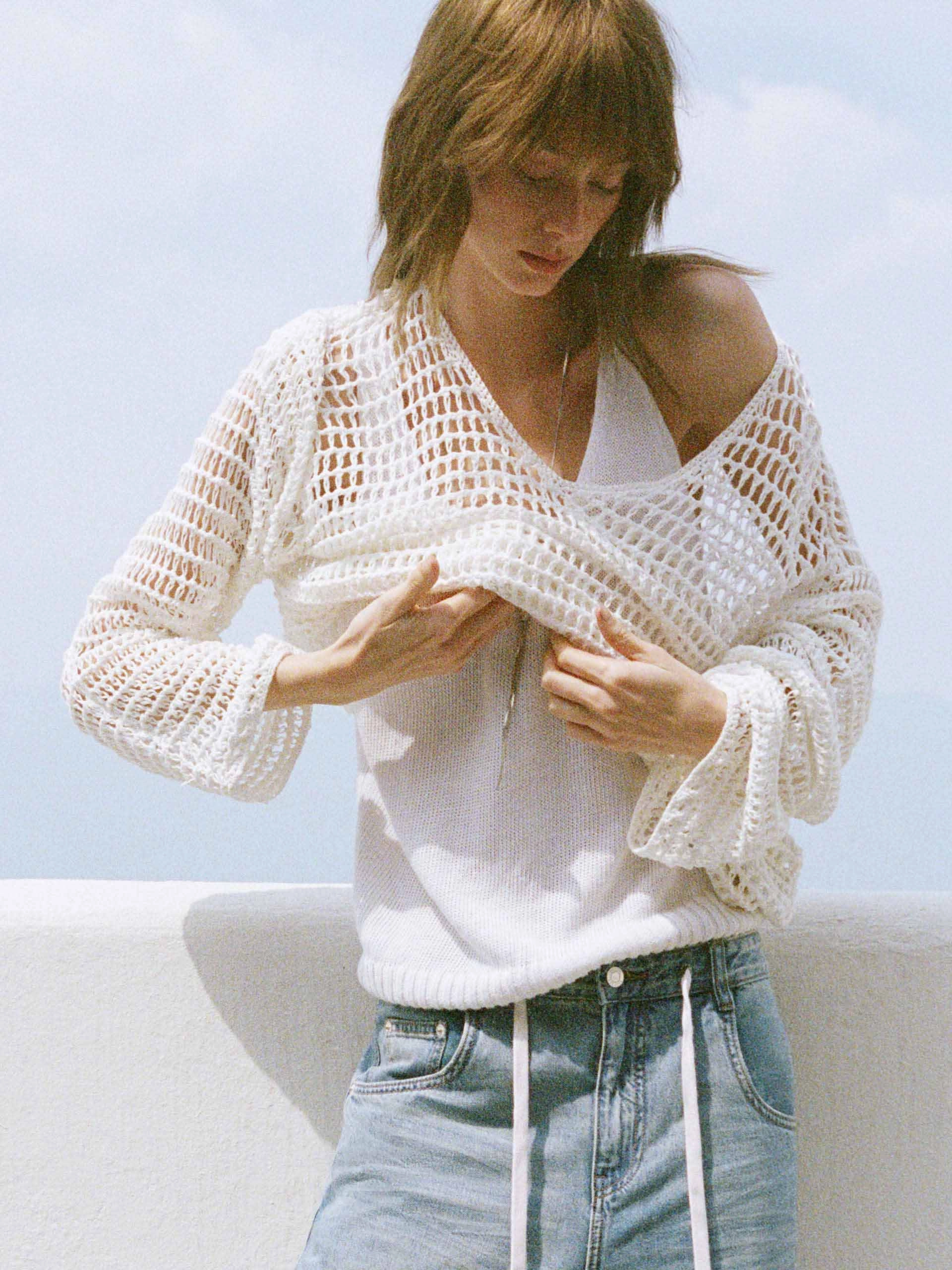 Minimalist Wear Soft and Elegant Crochet Fishnet Sweater