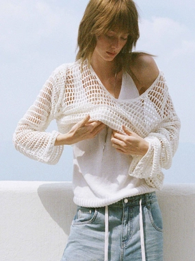 Minimalist Wear Soft and Elegant Crochet Fishnet Sweater