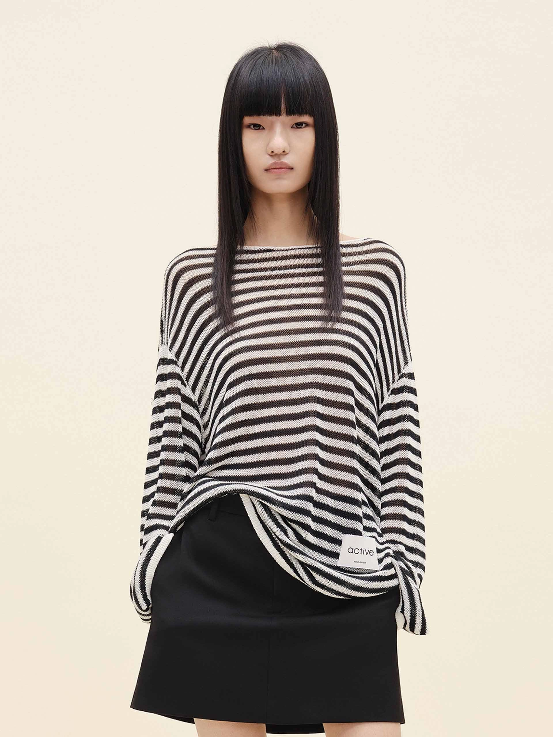 Yarn Dyed Fabric Reinforced Shoulder Seams Wool Blend Striped Sweater