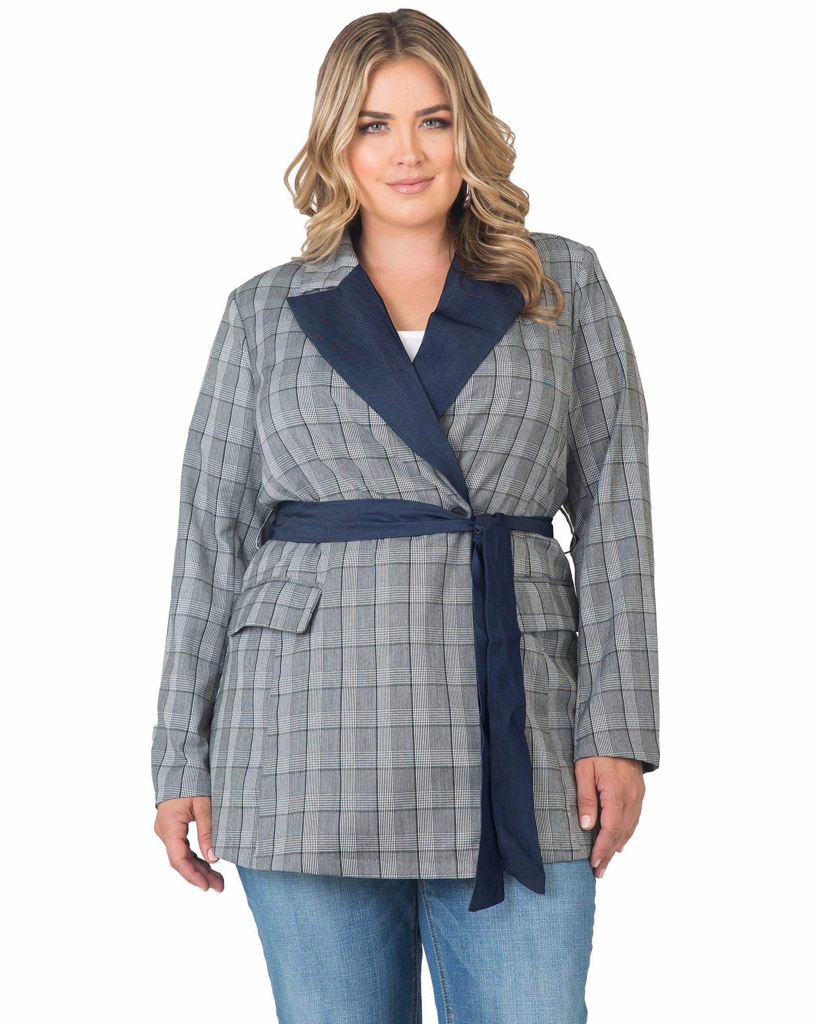Non Irritating Collar Hiking Ready Selma Wrap Blazer | Black & White Plaid