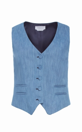 Chic Layering Coleridge Vest in Medium Blue Recycled Cotton Linen Denim