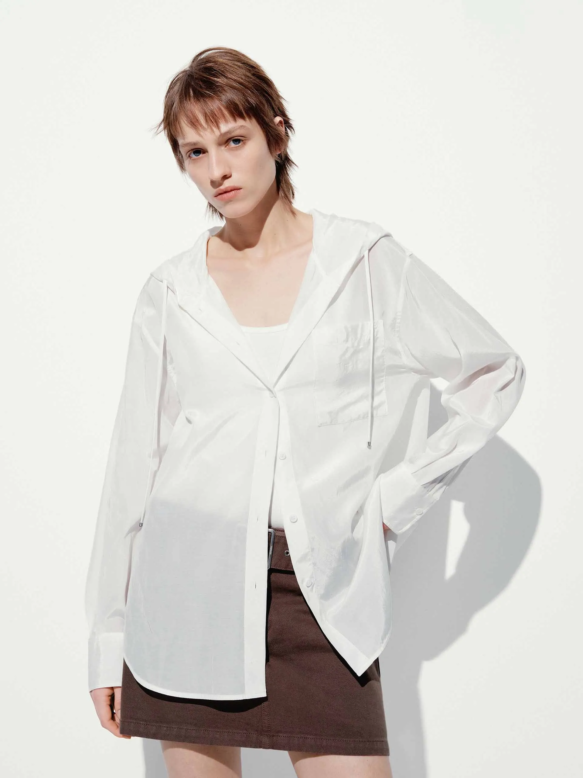 Moisture Wicking Material Sheer Drawstring Hood Shirt