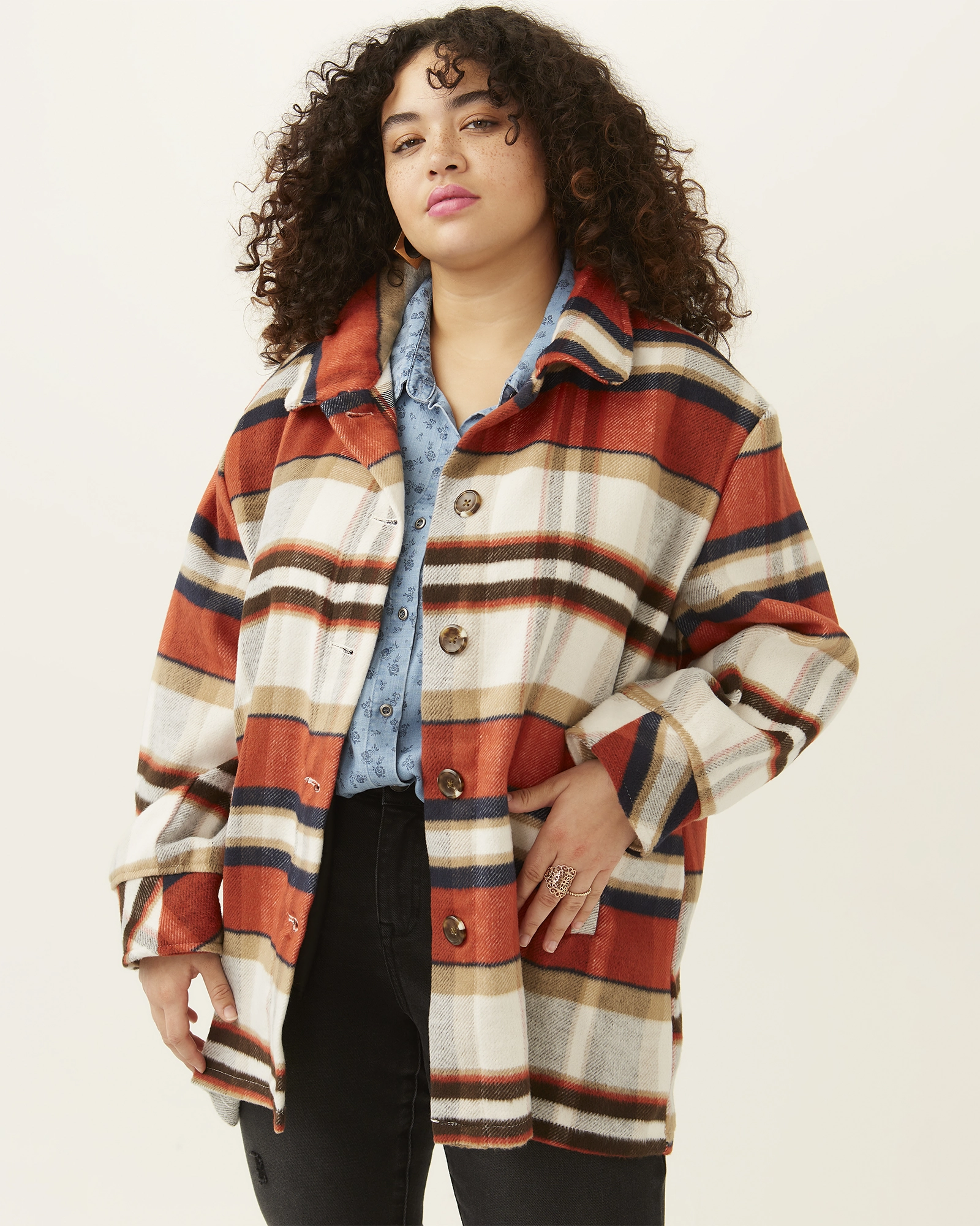 All Day Comfort Minimalist Aesthetic Crysta Plaid Shacket | Orange / Tan