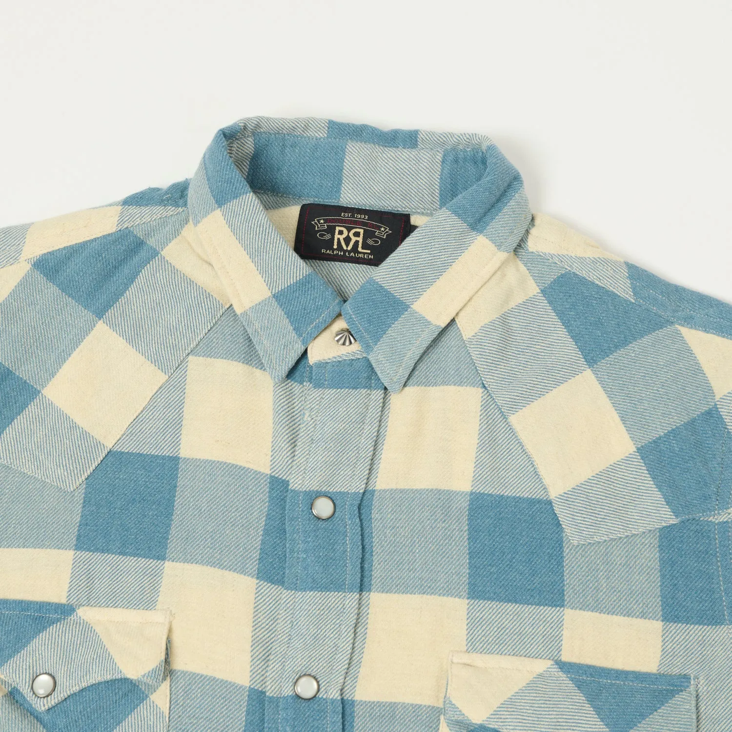 Lounge Wear Street Style RRL Slim Fit Plaid Twill Western Shirt - Indigo/Cream
