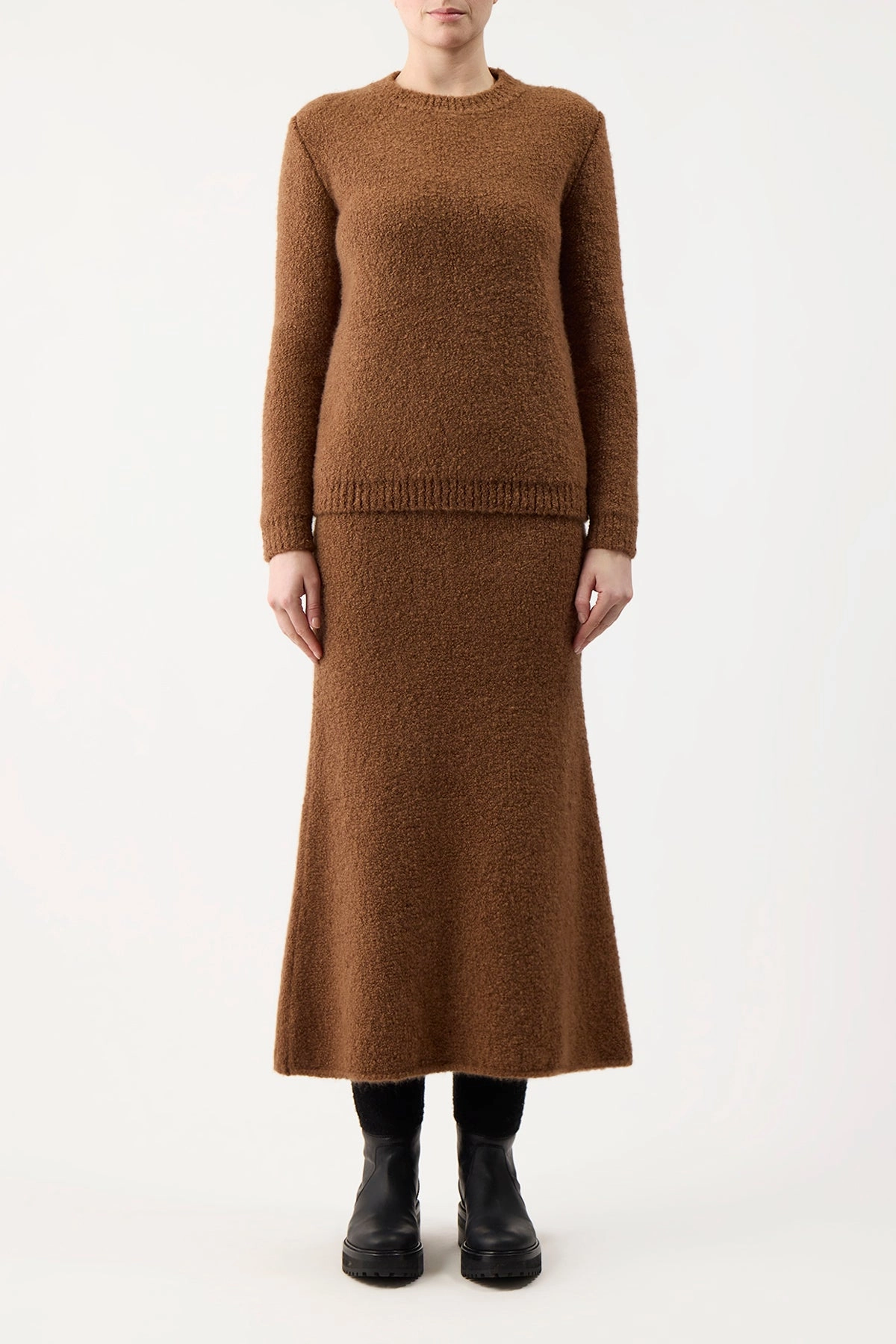 Pablo Knit Midi Skirt in Cognac Cashmere Silk Boucle Bold Finish high contrast