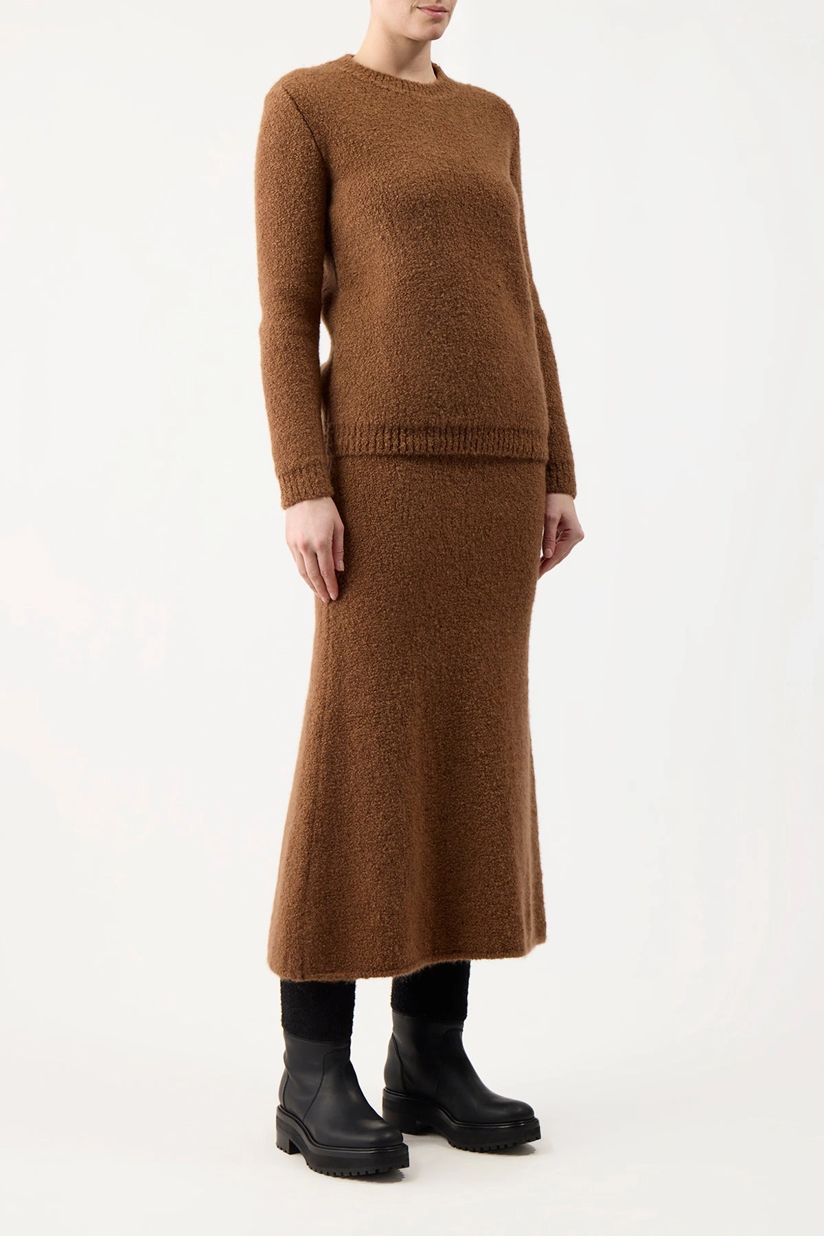 Stretch Material Convertible Length Pablo Knit Midi Skirt in Cognac Cashmere Silk Boucle