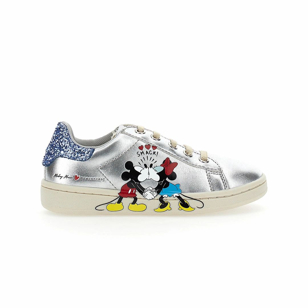 Silver Mickey   Minnie Glitter Tab Velcro Sneakers Flexible Movement