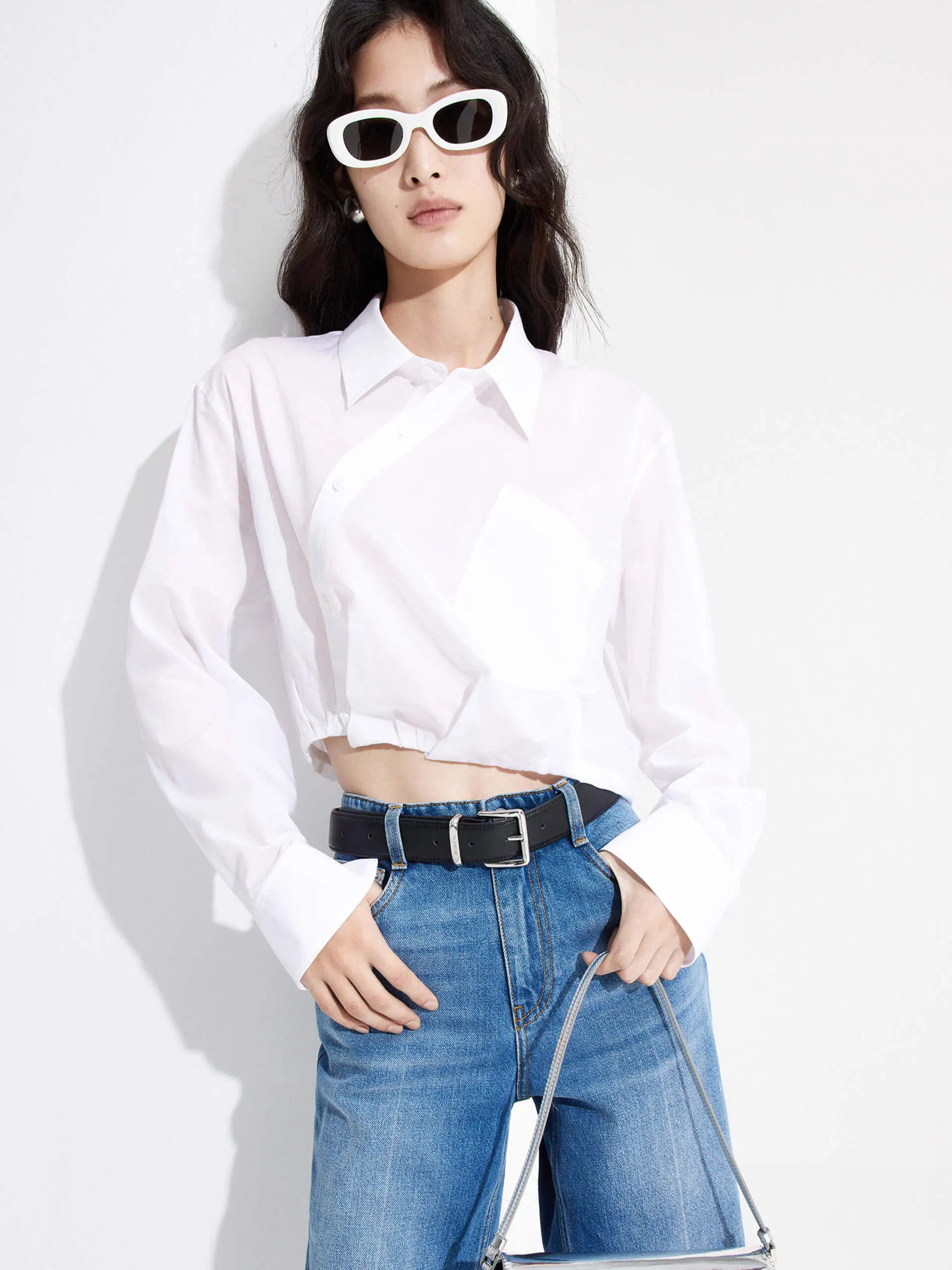 birthday party Geometric Shape Slanted Placket Cropped Shirt