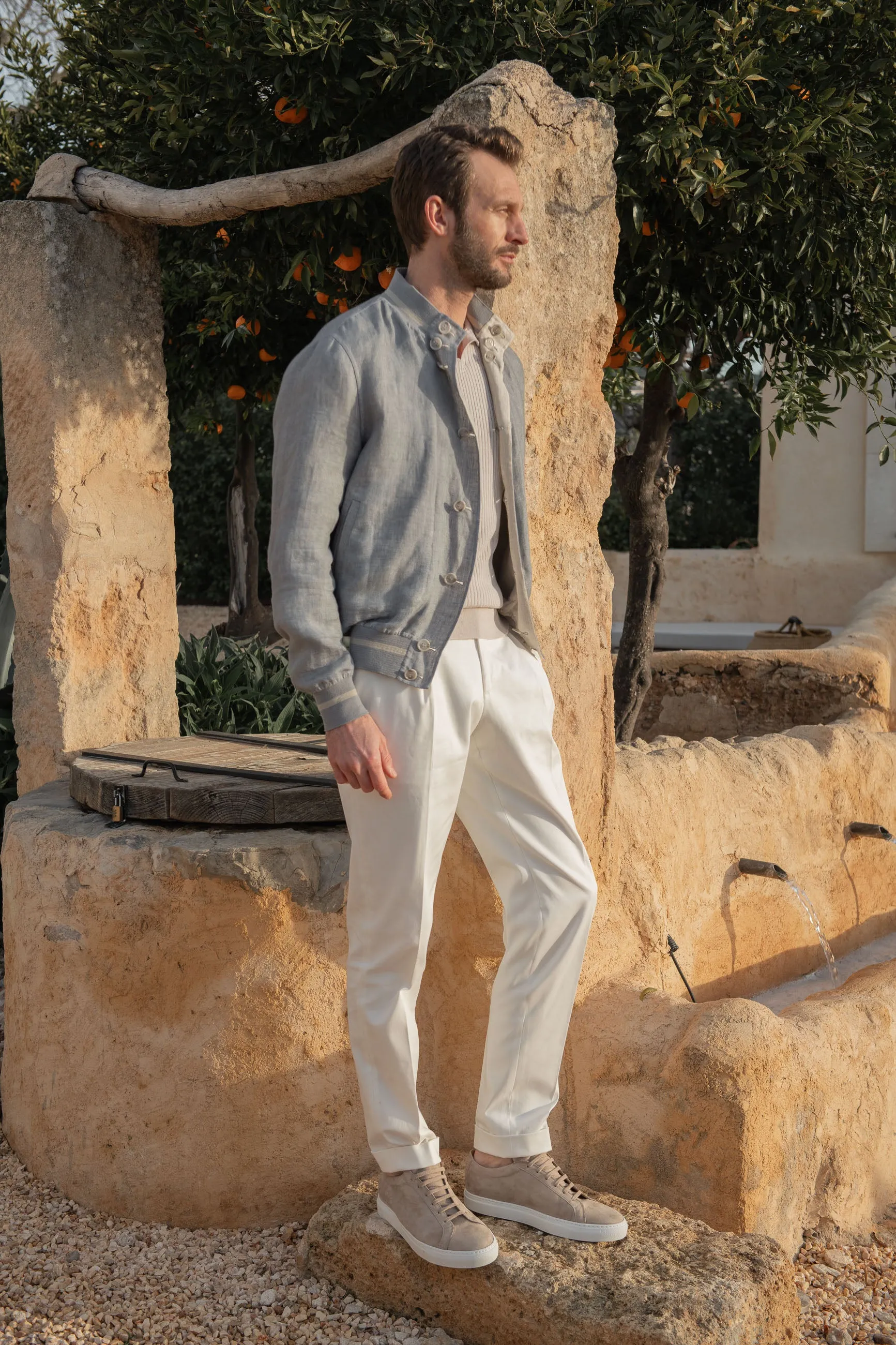 Anti Pilling Finish Sky grey and beige reversible bomber jacket ?C Made in Italy