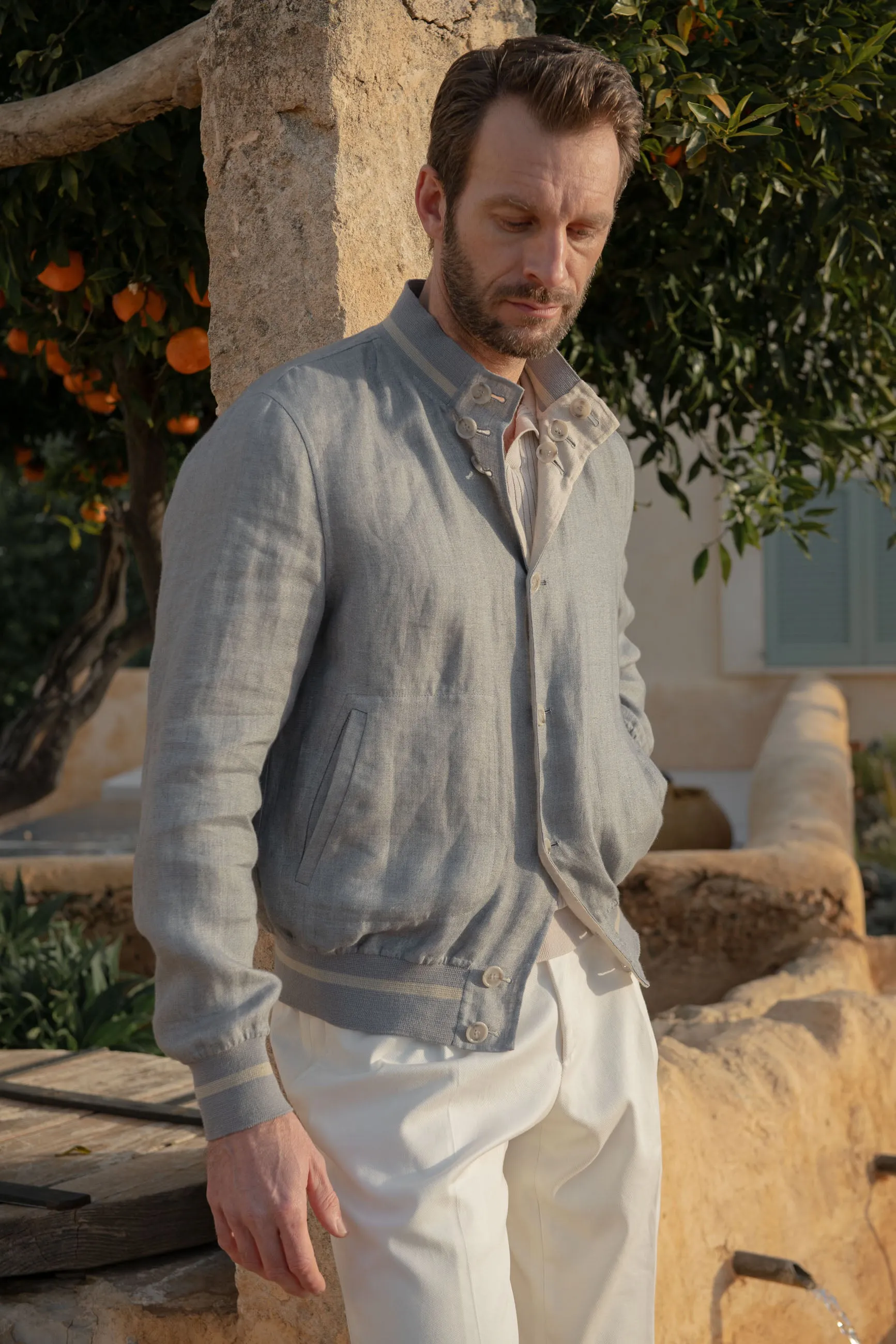 Thick Insulation Sky grey and beige reversible bomber jacket ?C Made in Italy