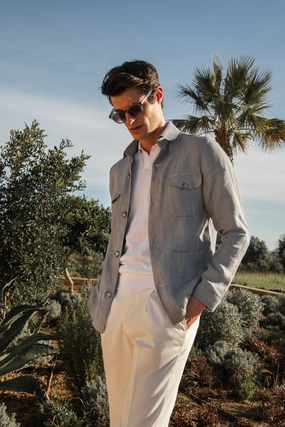 Sky grey herringbone linen Safari Jacket ?C Made in Italy Modular Attachment Points library