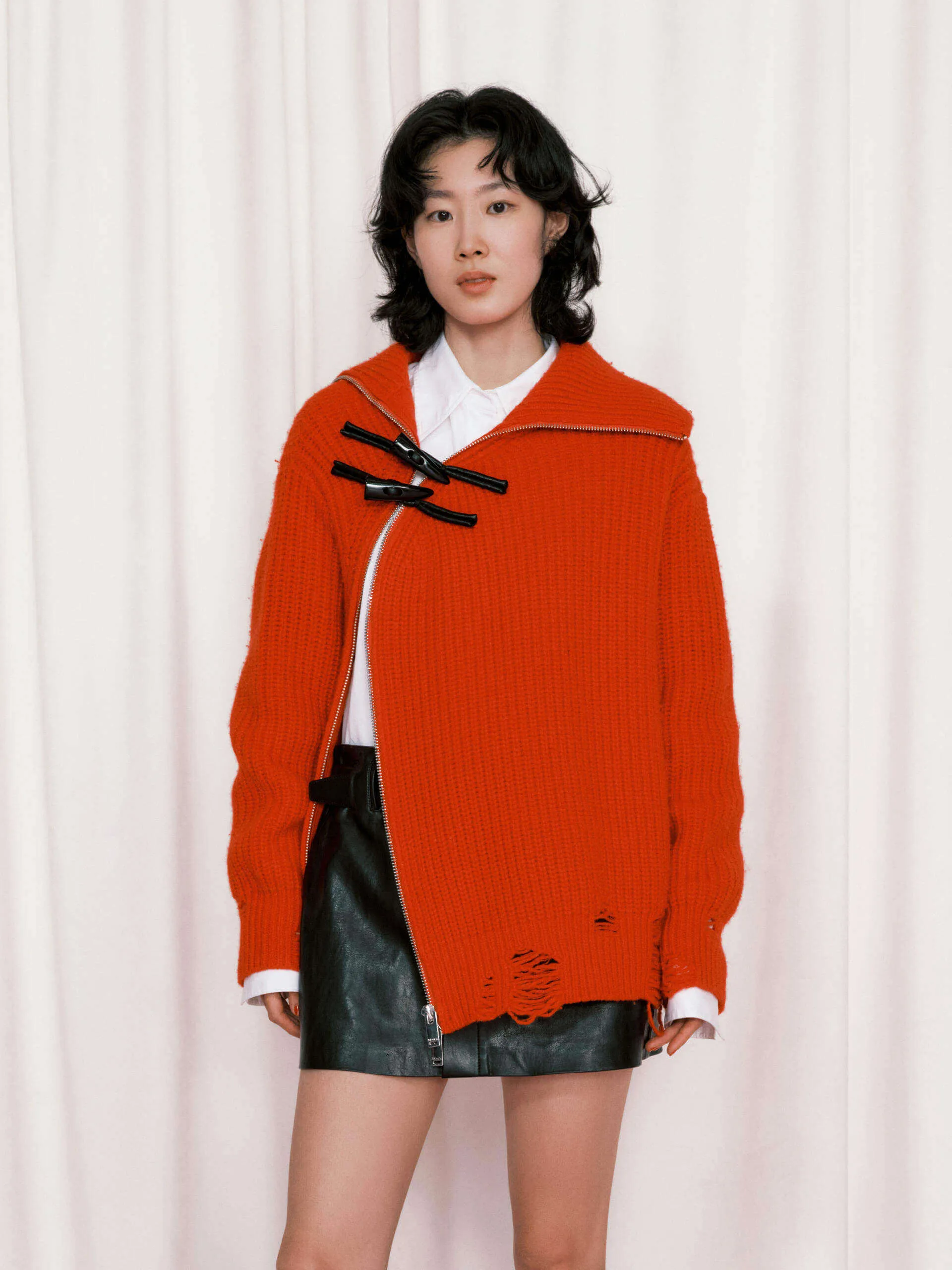 Knitwear Essential Slanted Placket Distressed Sweater