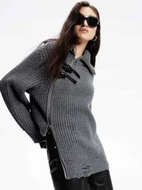 soft fit Slanted Placket Distressed Sweater