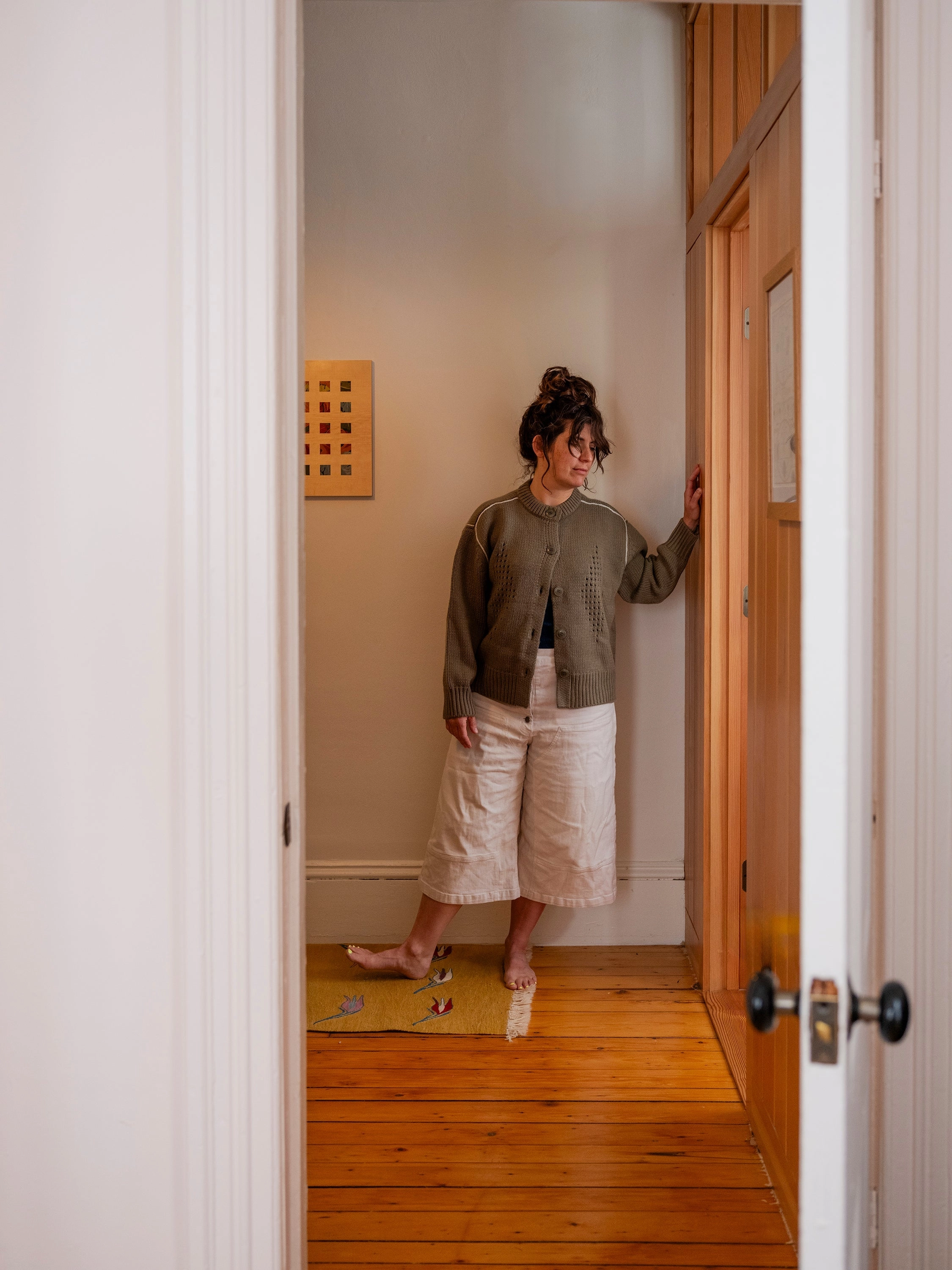 Diamond Eyelet Cardigan - Moss light layering