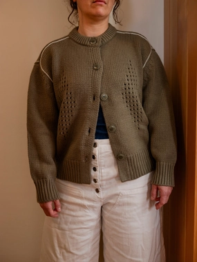 Casual Ease Layered Knitwear Diamond Eyelet Cardigan - Moss