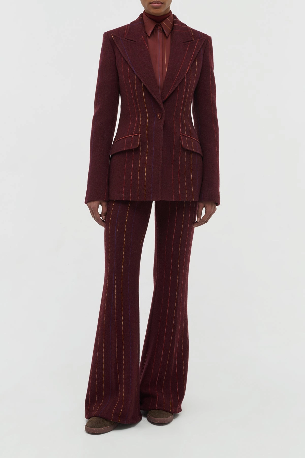 Leiva Blazer in Burnt Sienna Multi Pinstripe Wool Cashmere Fashionable Fit Flattering Layer
