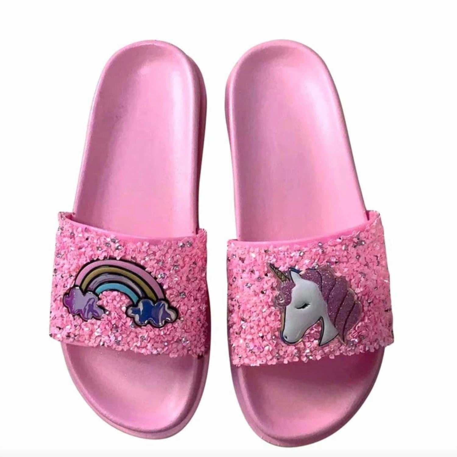 Girls Unicorn Glitter Slide Sandal In Pink Wide Strap