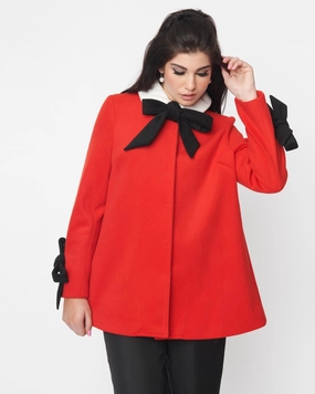 Non Bulky Silhouette Modern Design Smak Parlour Red & Black Bows Topper Coat | Red & Black Bows