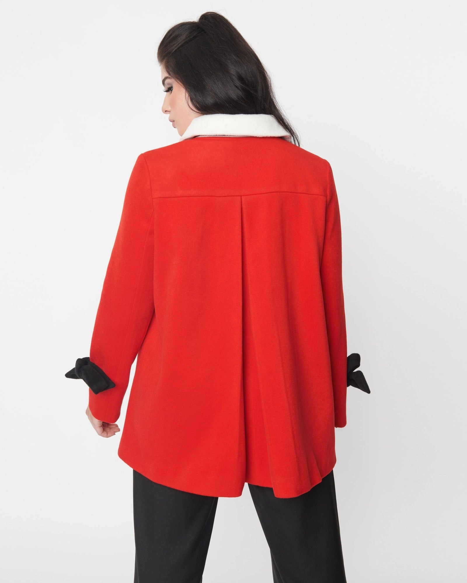 Smak Parlour Red & Black Bows Topper Coat | Red & Black Bows packable Quick Access Pockets