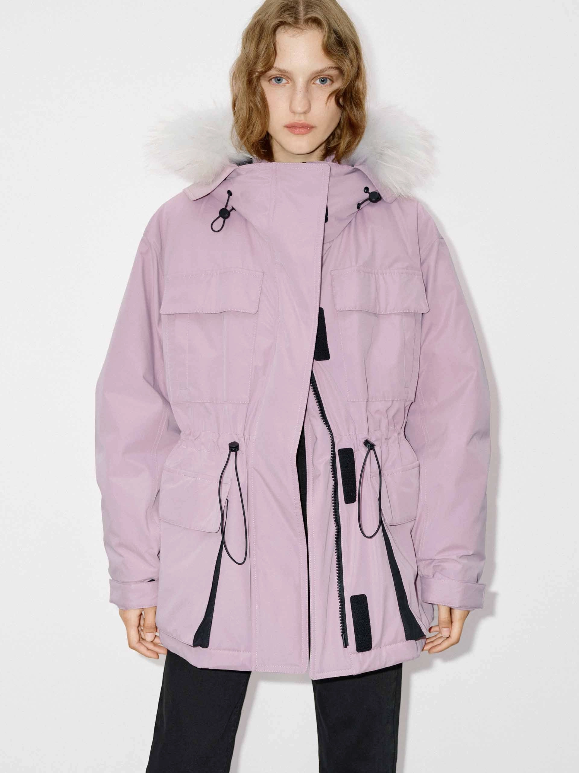 Classic Ribbed Cuffs HighNeckDesign Drawstring Hooded Puffer Jacket