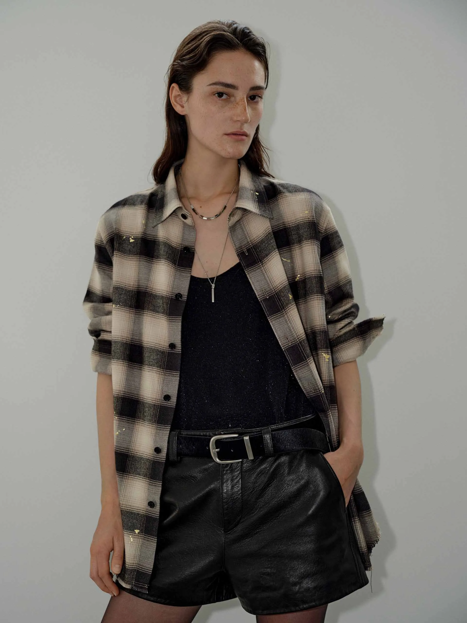 Stylish Comfort Gold Splatter Plaid Shirt