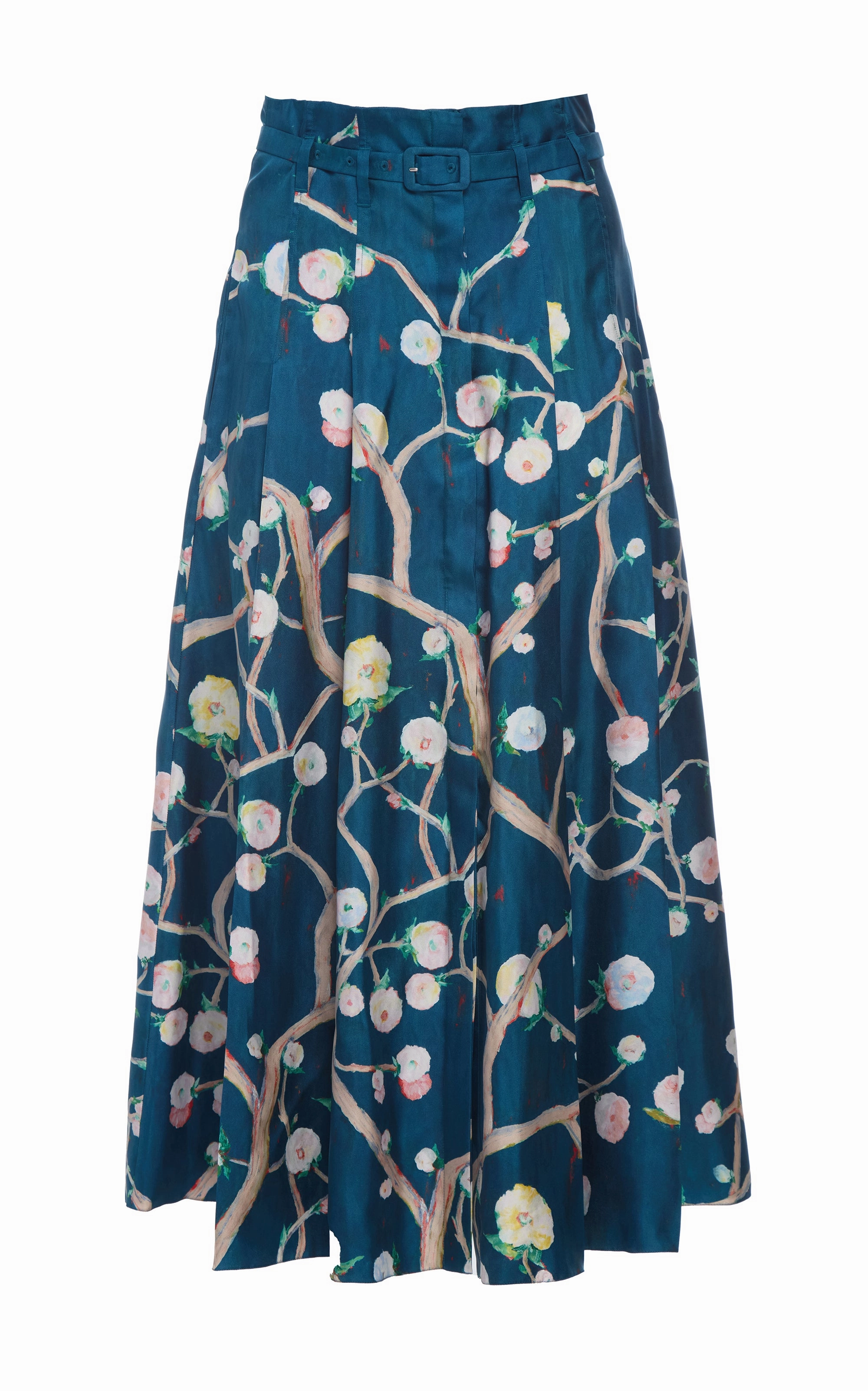 Casual Comfort Dugald Pleated Midi Skirt in Blue Multi Printed Silk Twill