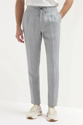 Sky grey linen Elba trousers - Made in Italy Embroidered Detail