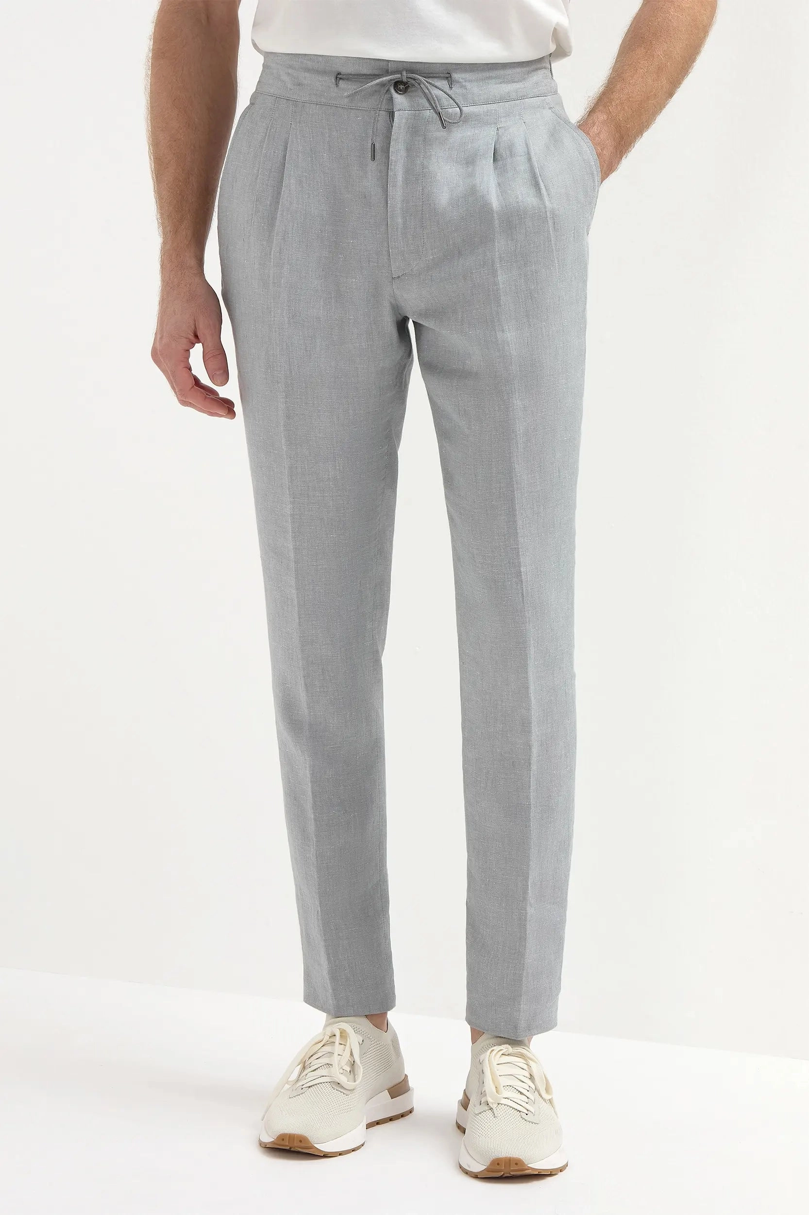 Sky grey linen Elba trousers - Made in Italy Embroidered Detail