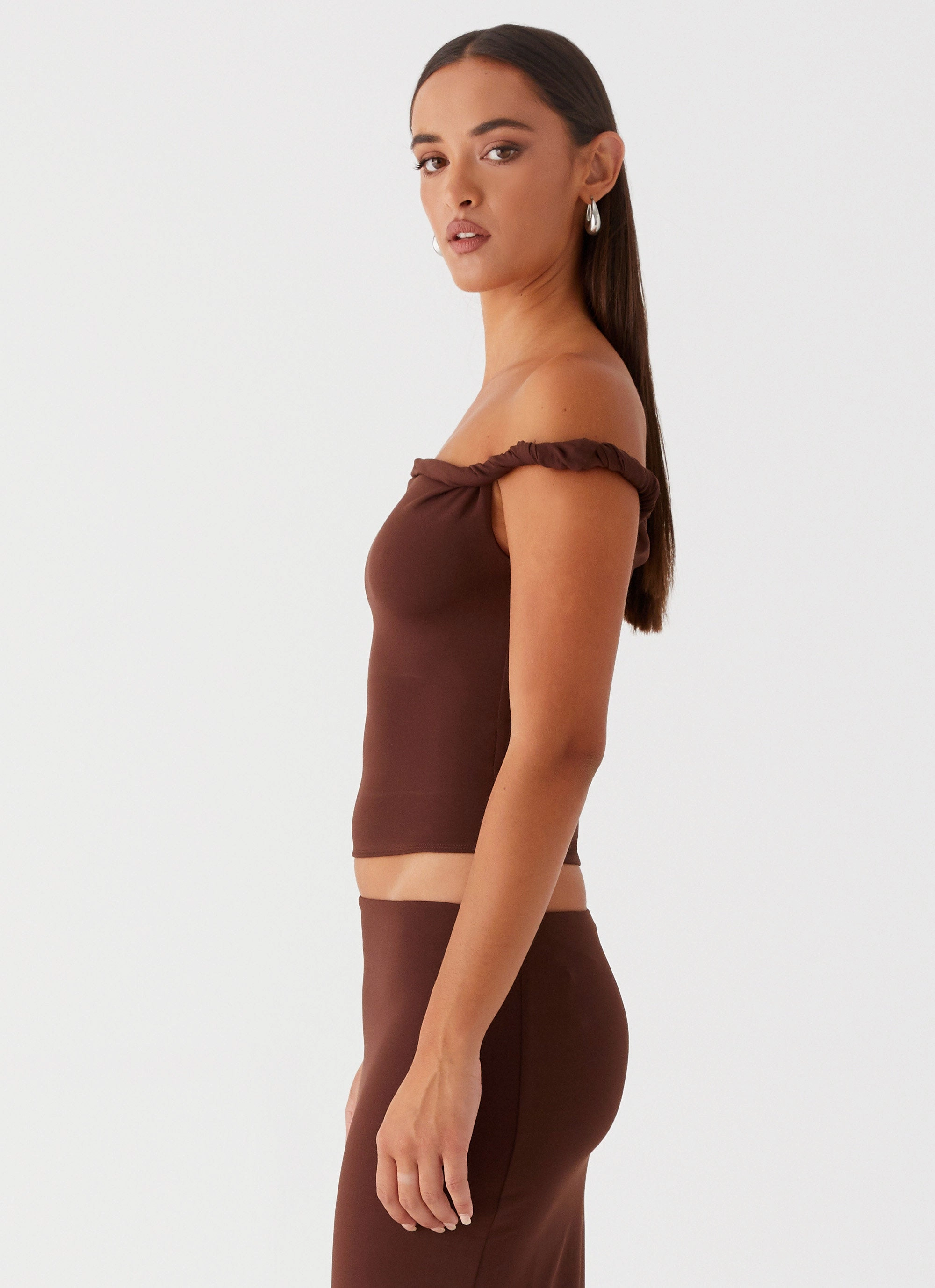 Solace Soul Twist Shoulder Top - Chocolate Sheer Overlay