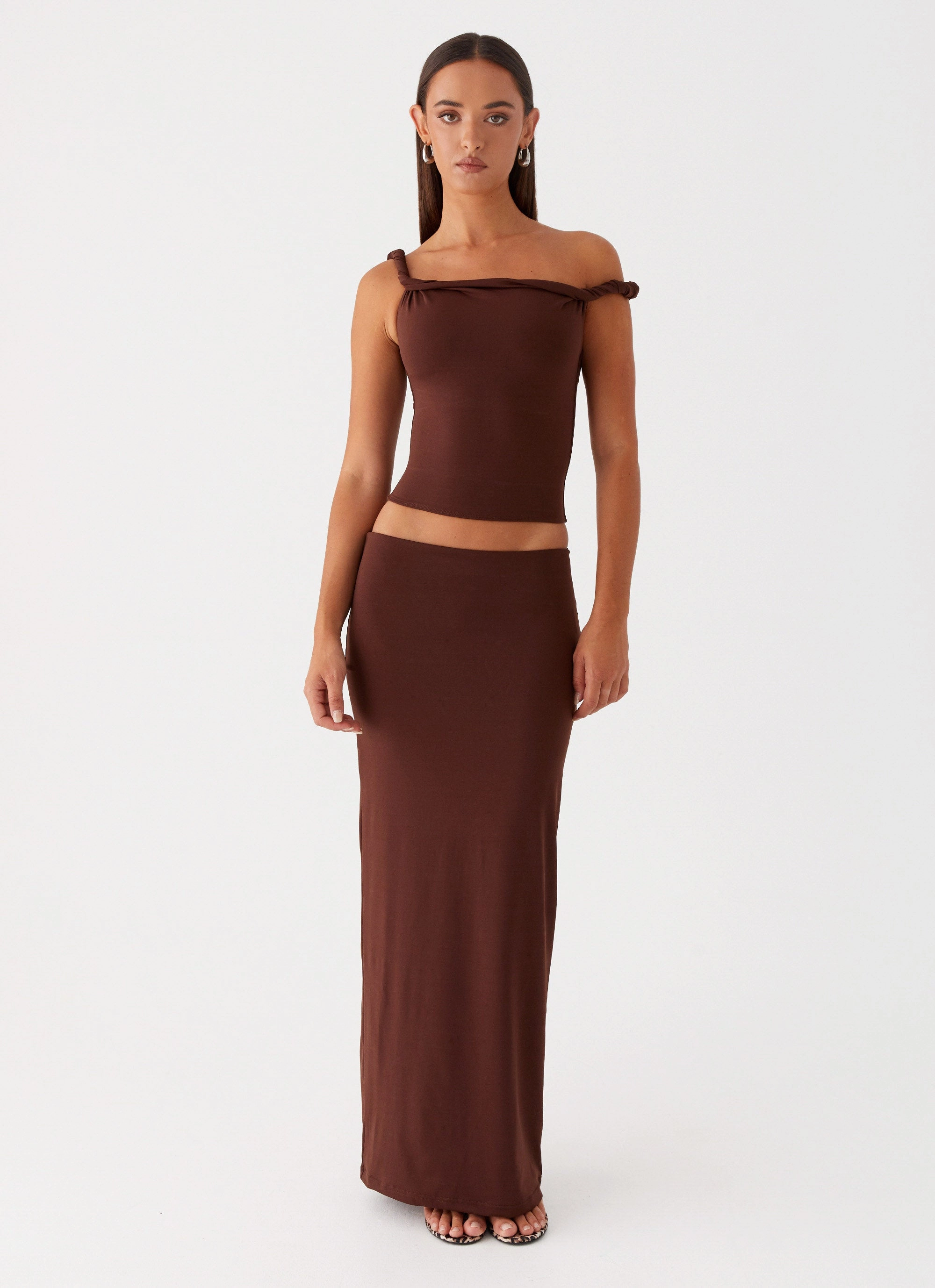 Solace Soul Twist Shoulder Top - Chocolate Essential Style Urban Pulse