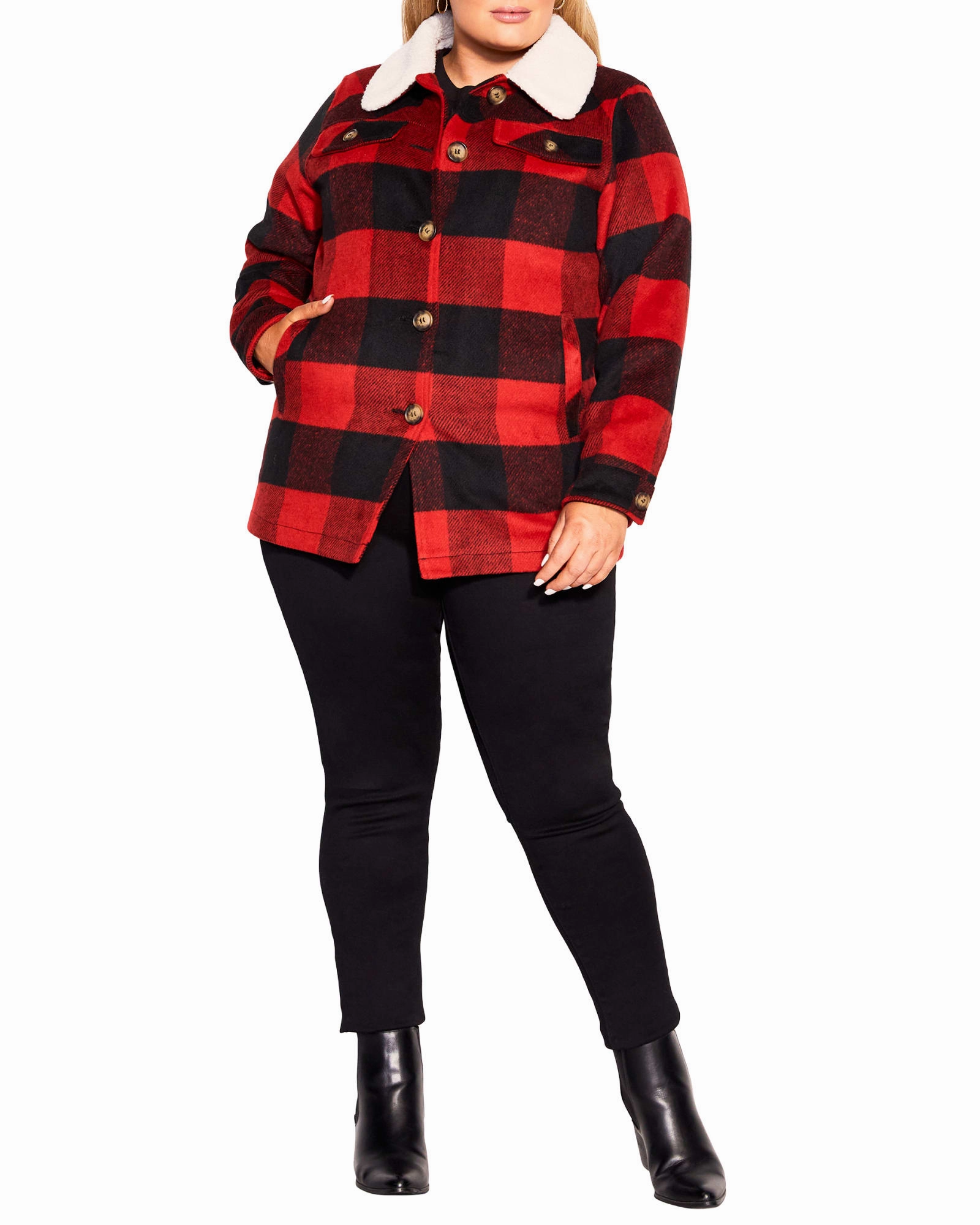Plaid Faux Wool Jacket | Black / Red Selection
