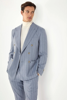 Elegant Comfort Dusty blue striped double breasted suit - Made in Italy