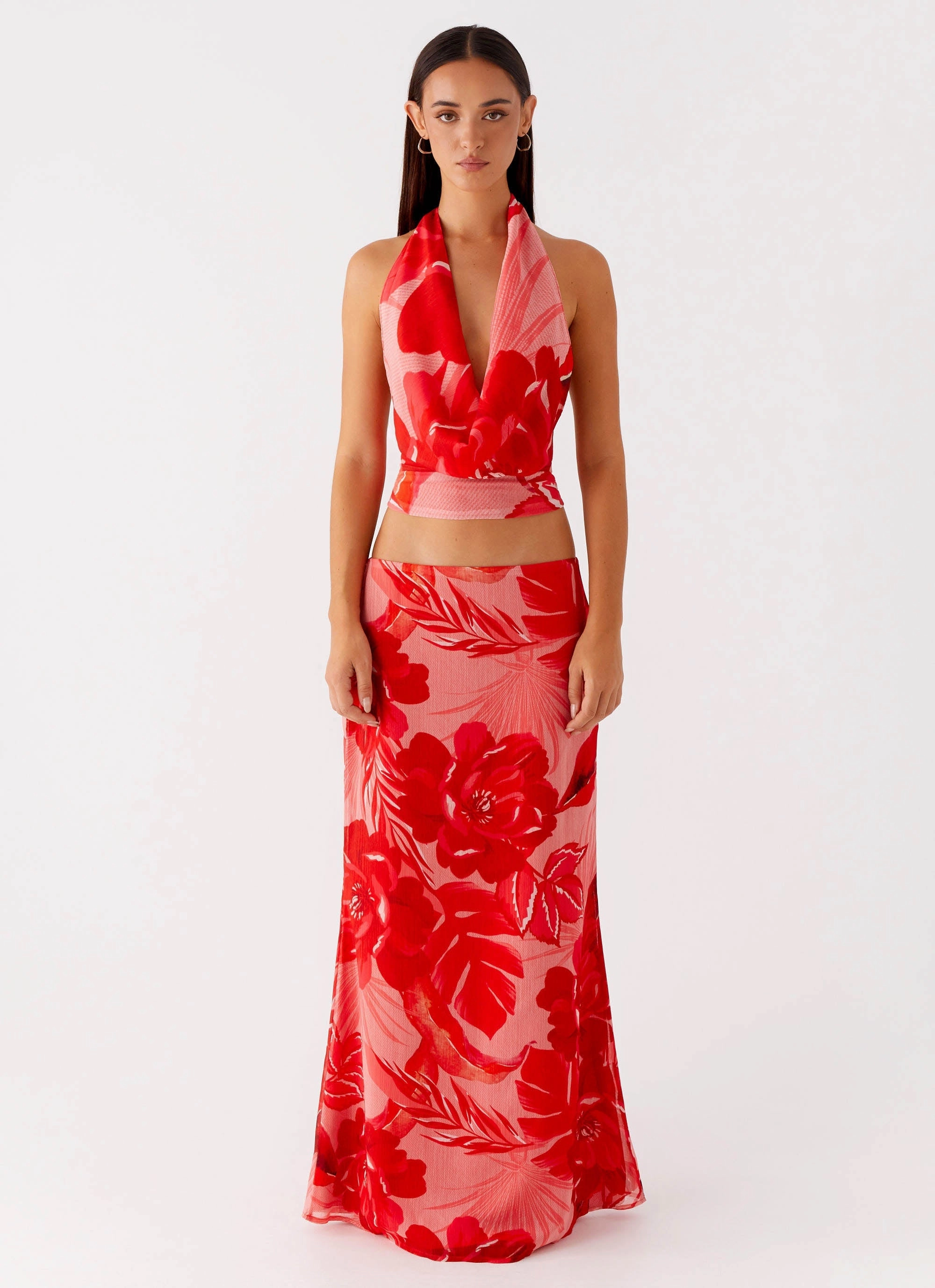 Soren Halter Top - Sicily Sunsets Print Red Carpet Look Side Pockets