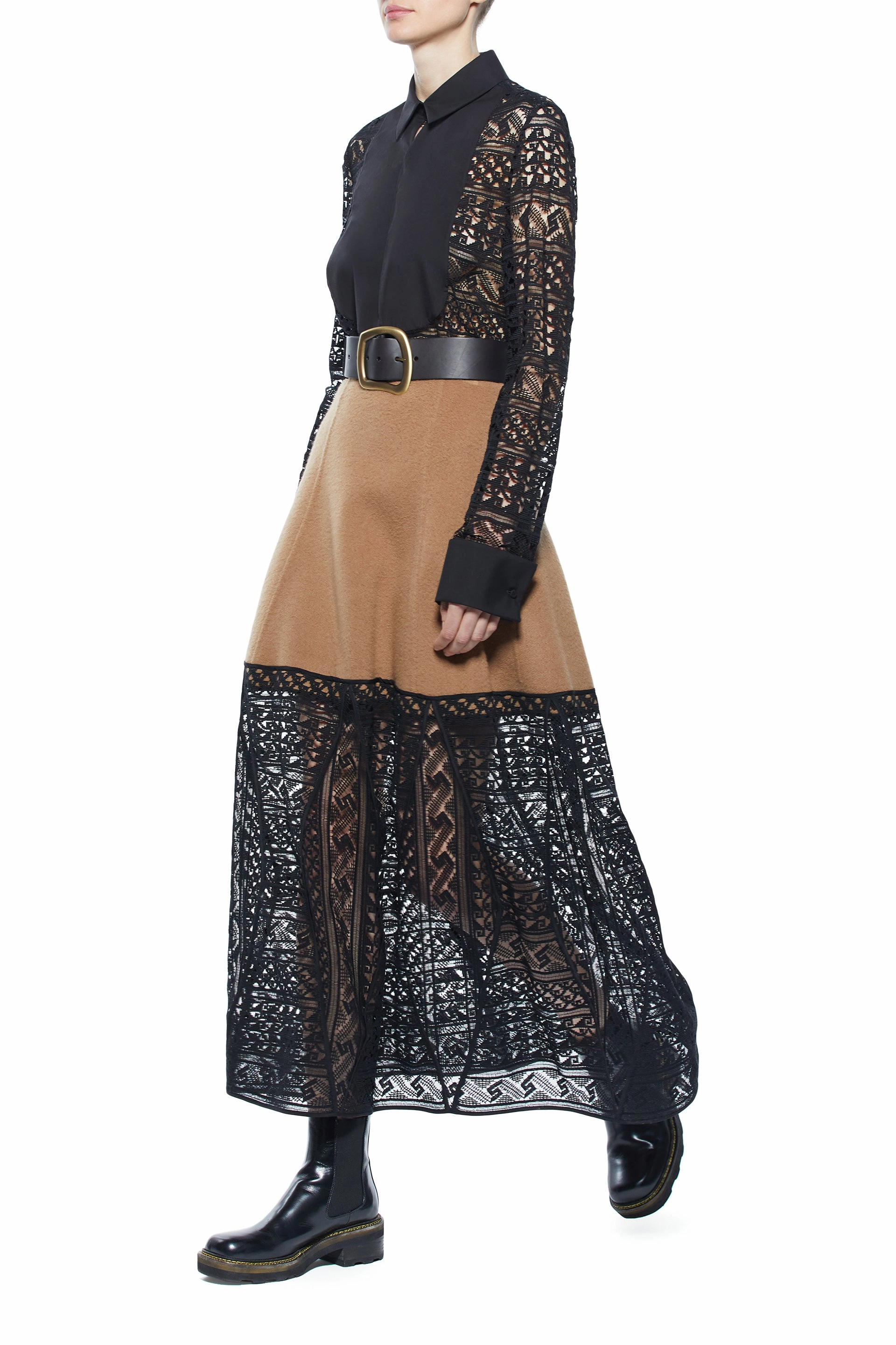 Sorvino Lace Midi Skirt in Camel Double-Face Recycled Cashmere Flexible Material