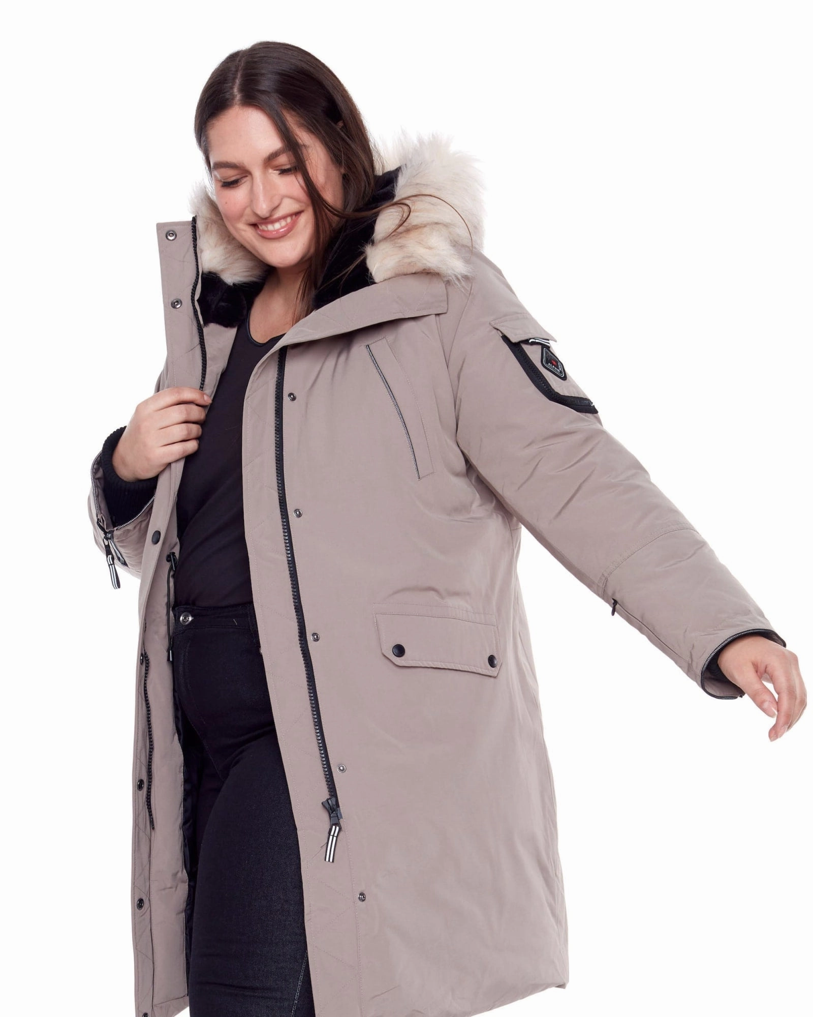 Wrap LAURENTIAN | Vegan Down Recycled Long Parka Winter With Faux Fur Hood | Taupe