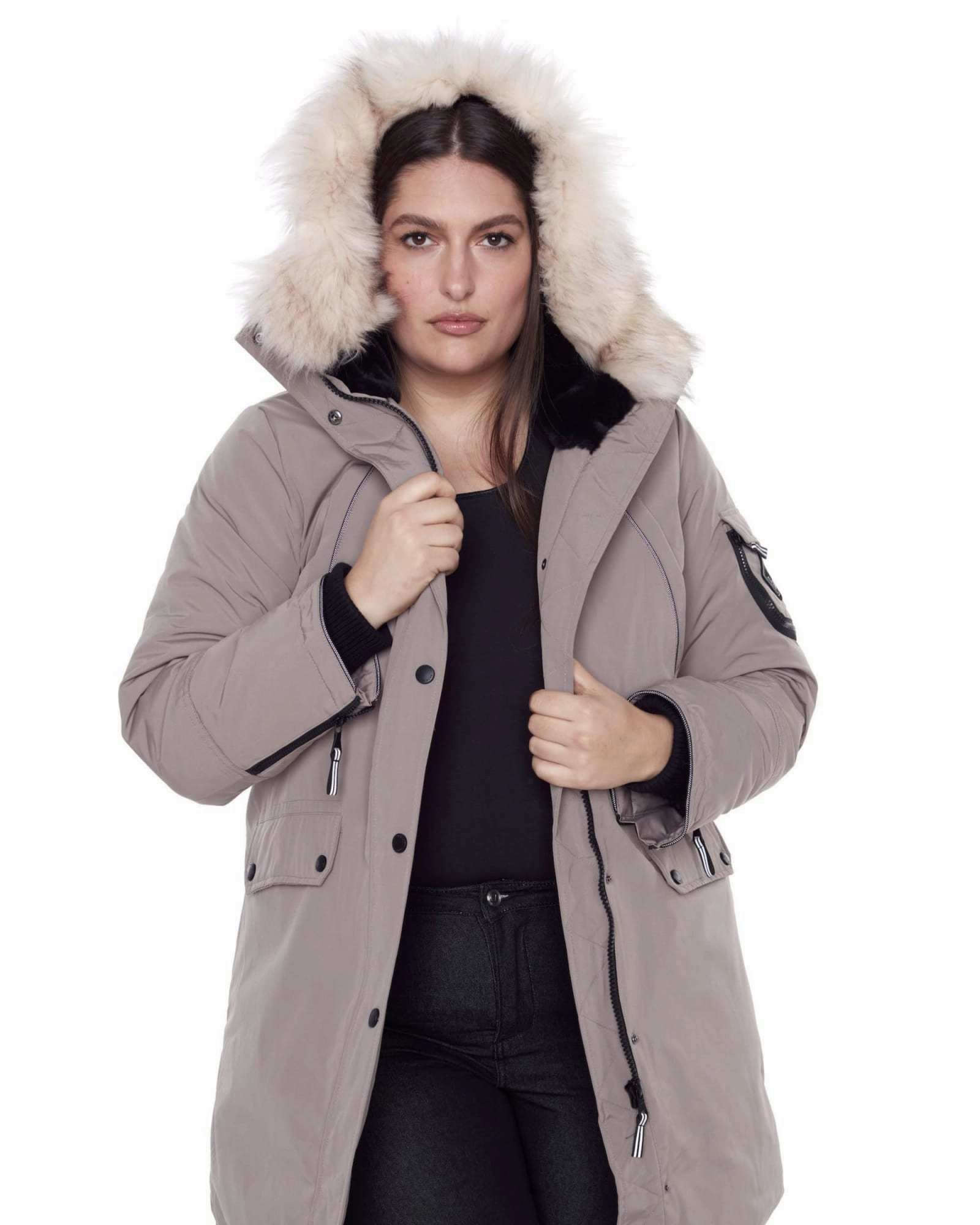 Outdoor Jacket LAURENTIAN | Vegan Down Recycled Long Parka Winter With Faux Fur Hood | Taupe