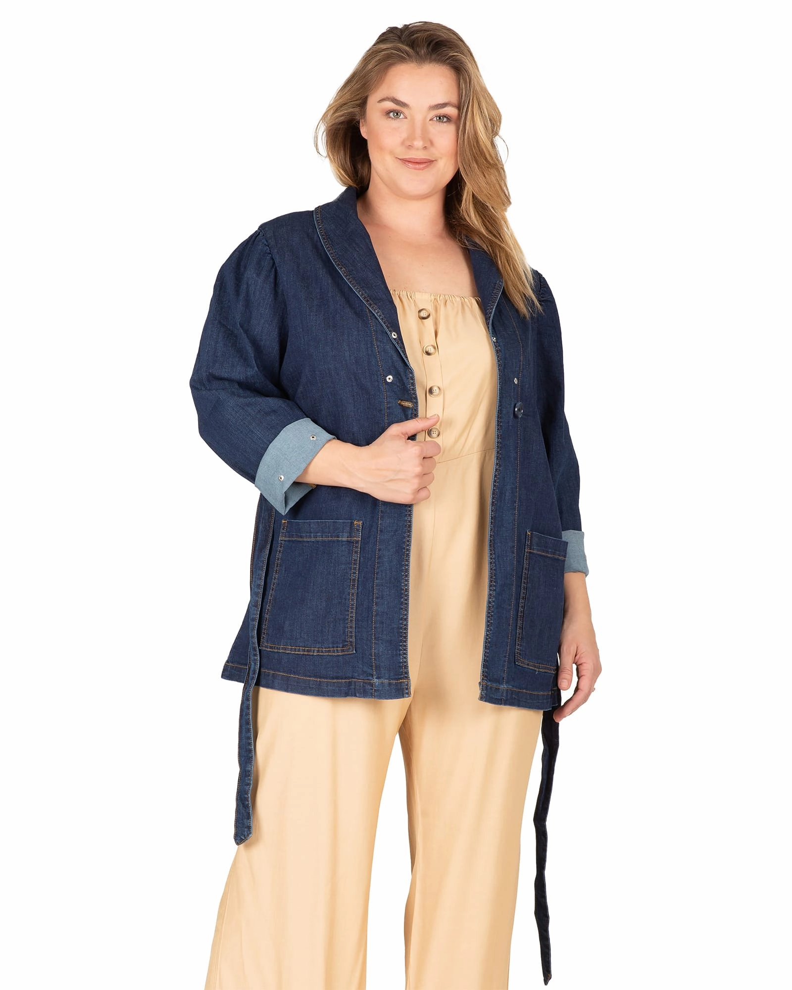 Eliza Detachable Faux Fur Denim Jacket | Dark Indigo Reflective Trim