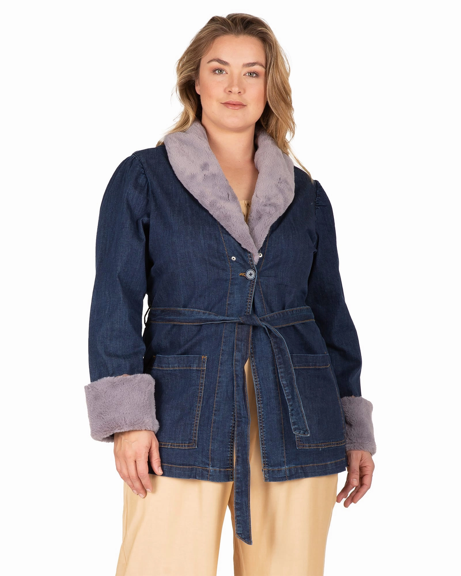 Moment Eliza Detachable Faux Fur Denim Jacket | Dark Indigo