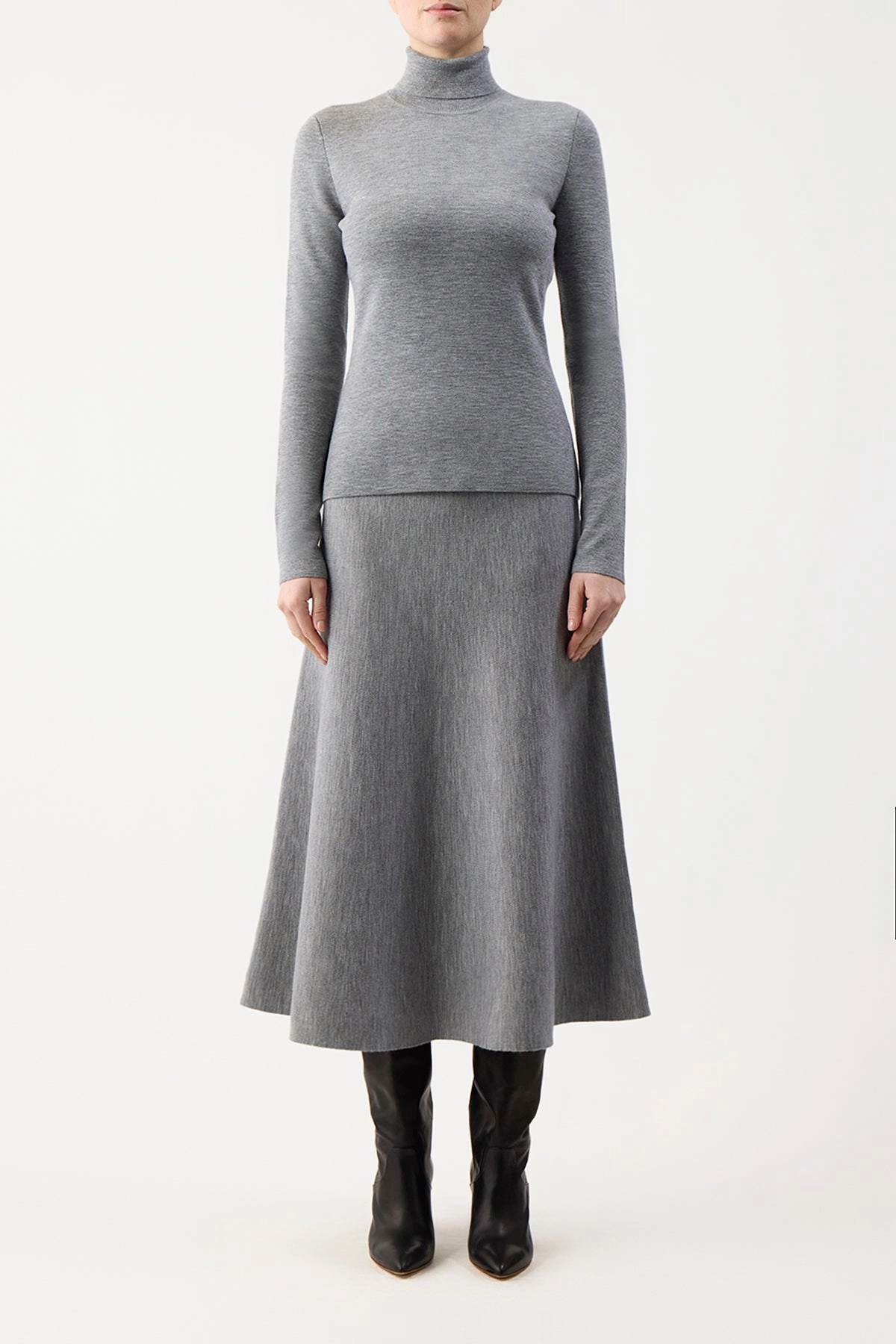 Two Tone Trim light colors Freddie Knit Midi Skirt in Heather Grey Merino Wool Cashmere