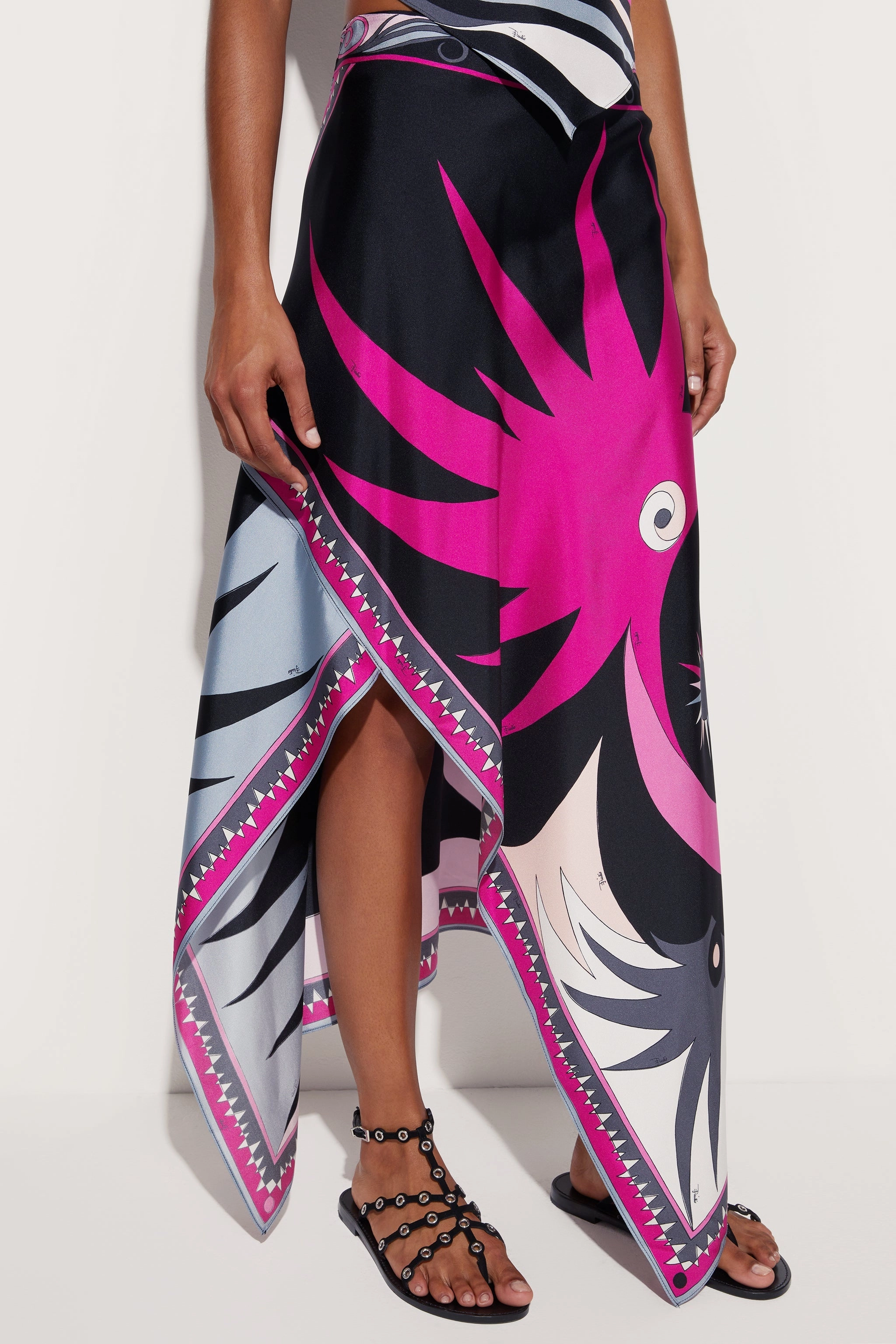 Stella Print Asymmetrical Midi Skirt Double Layered Design