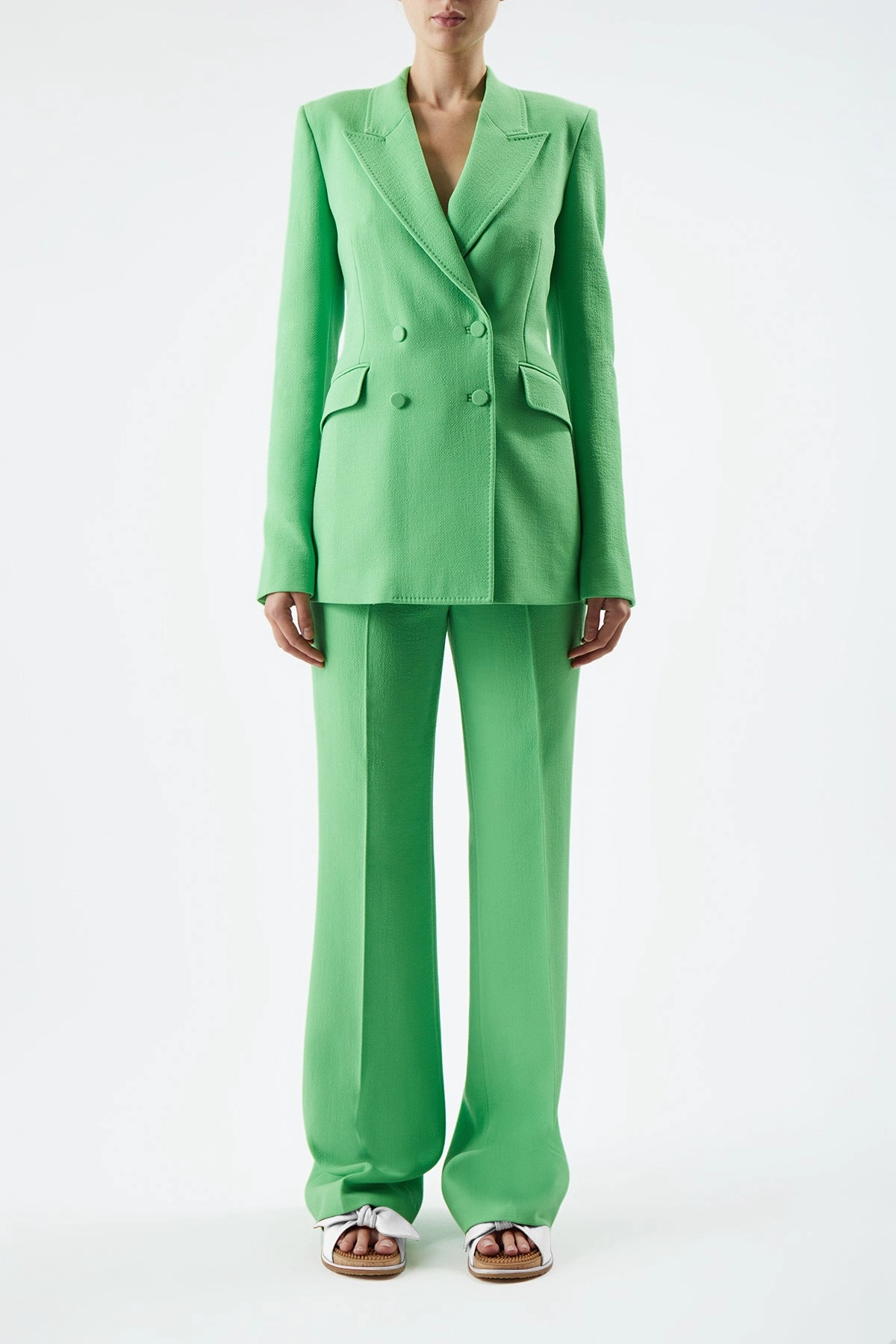 360 Degree Movement Design Refined Fit Wear Stephanie Blazer in Fluorescent Green Virgin Wool Crepe