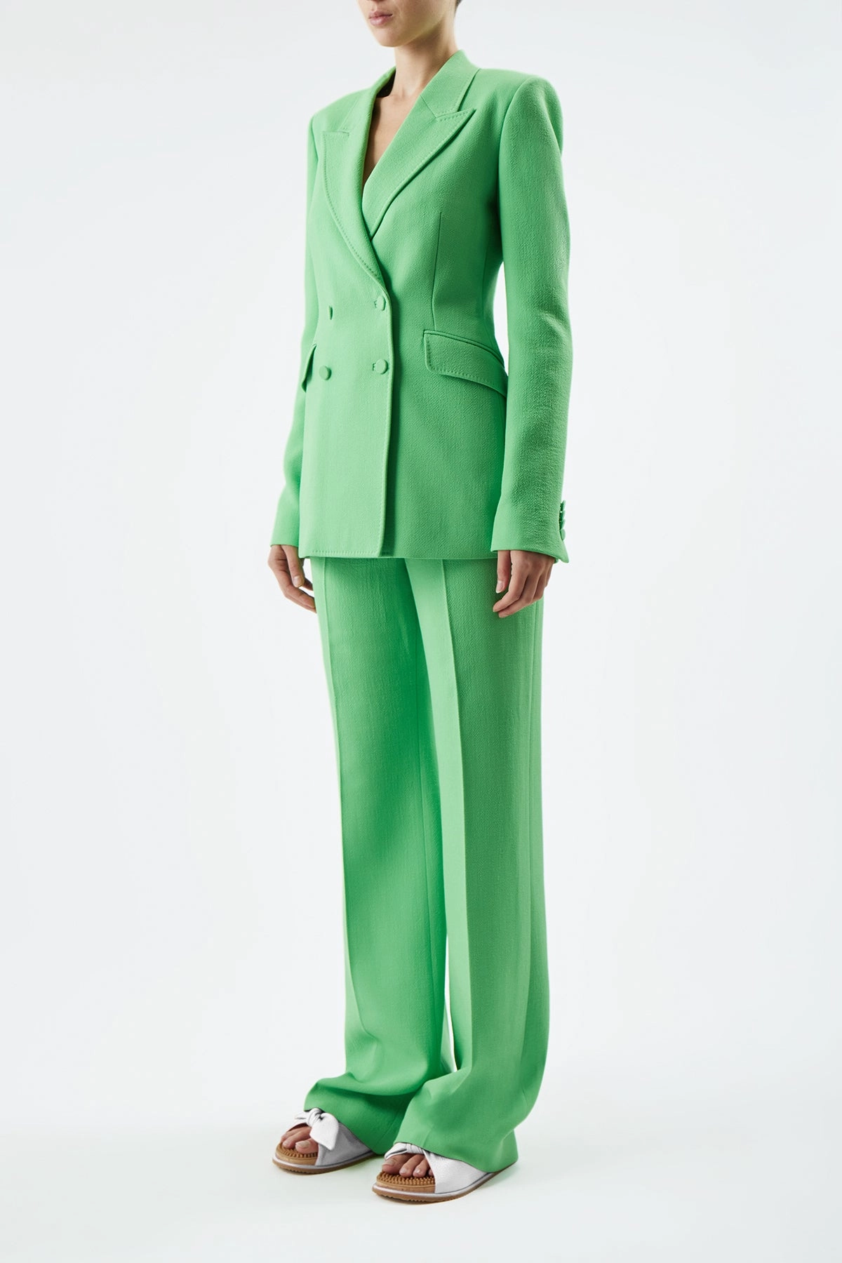 Flattering Business Wear Chic and Polished Stephanie Blazer in Fluorescent Green Virgin Wool Crepe