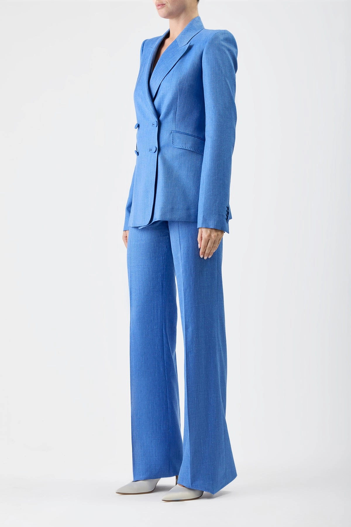 Stephanie Blazer in Sapphire Virgin Wool and Silk Linen Crisp Layering Quick Dry Material