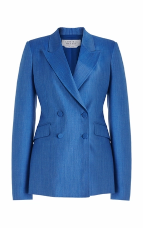 Sleek Office Style Stephanie Blazer in Sapphire Virgin Wool and Silk Linen