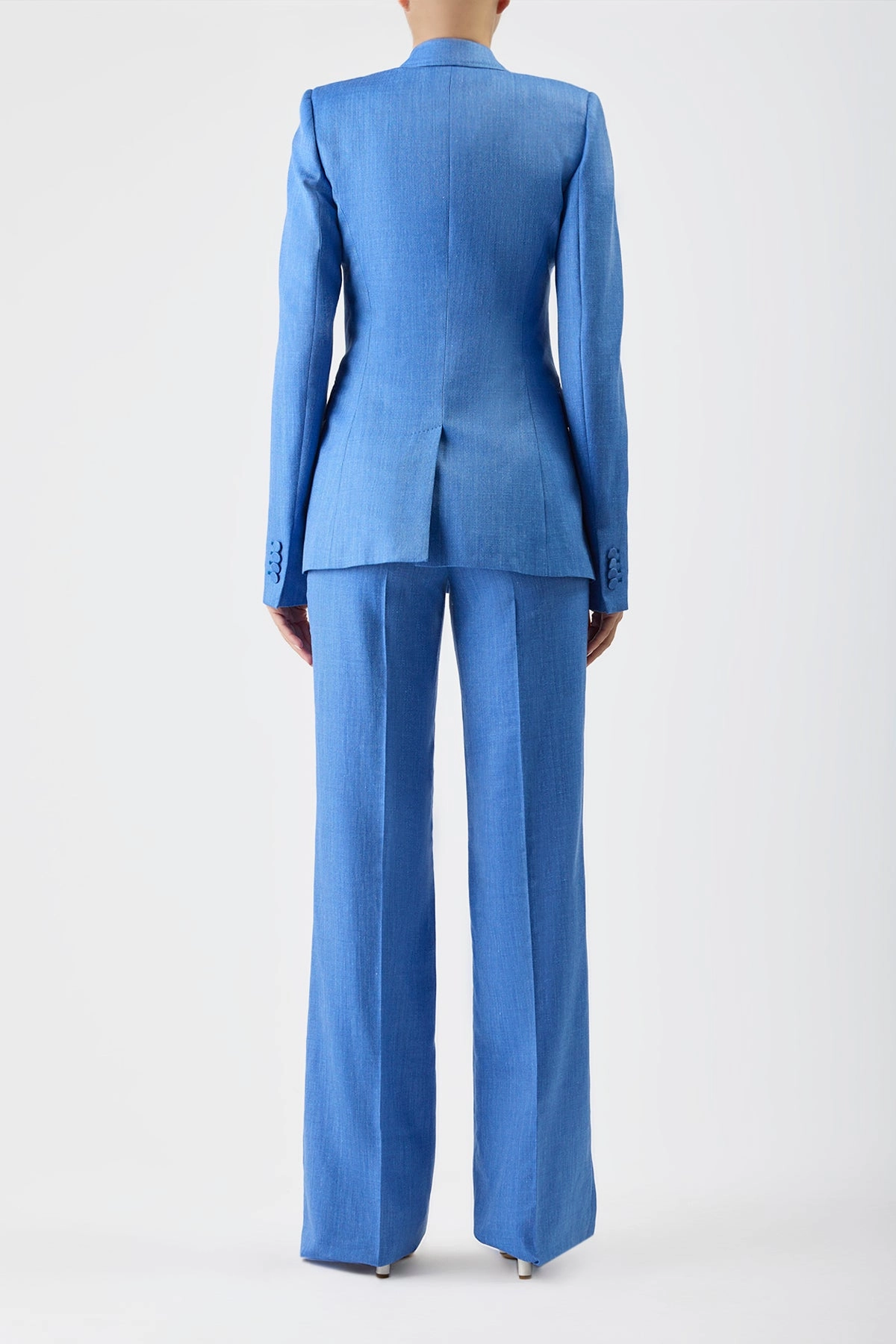 All-Season Comfort Stephanie Blazer in Sapphire Virgin Wool and Silk Linen