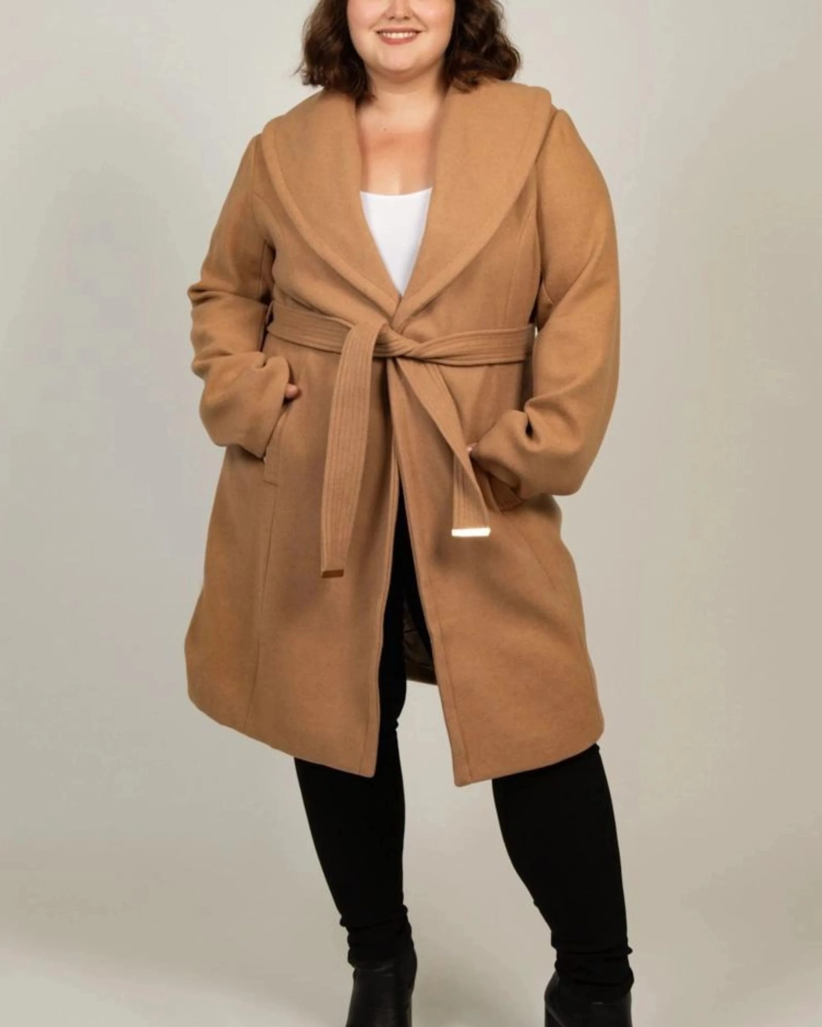 Hazel Coat Round Collar Belted Pockets | Camel Snow Weather Water Repellent Finish