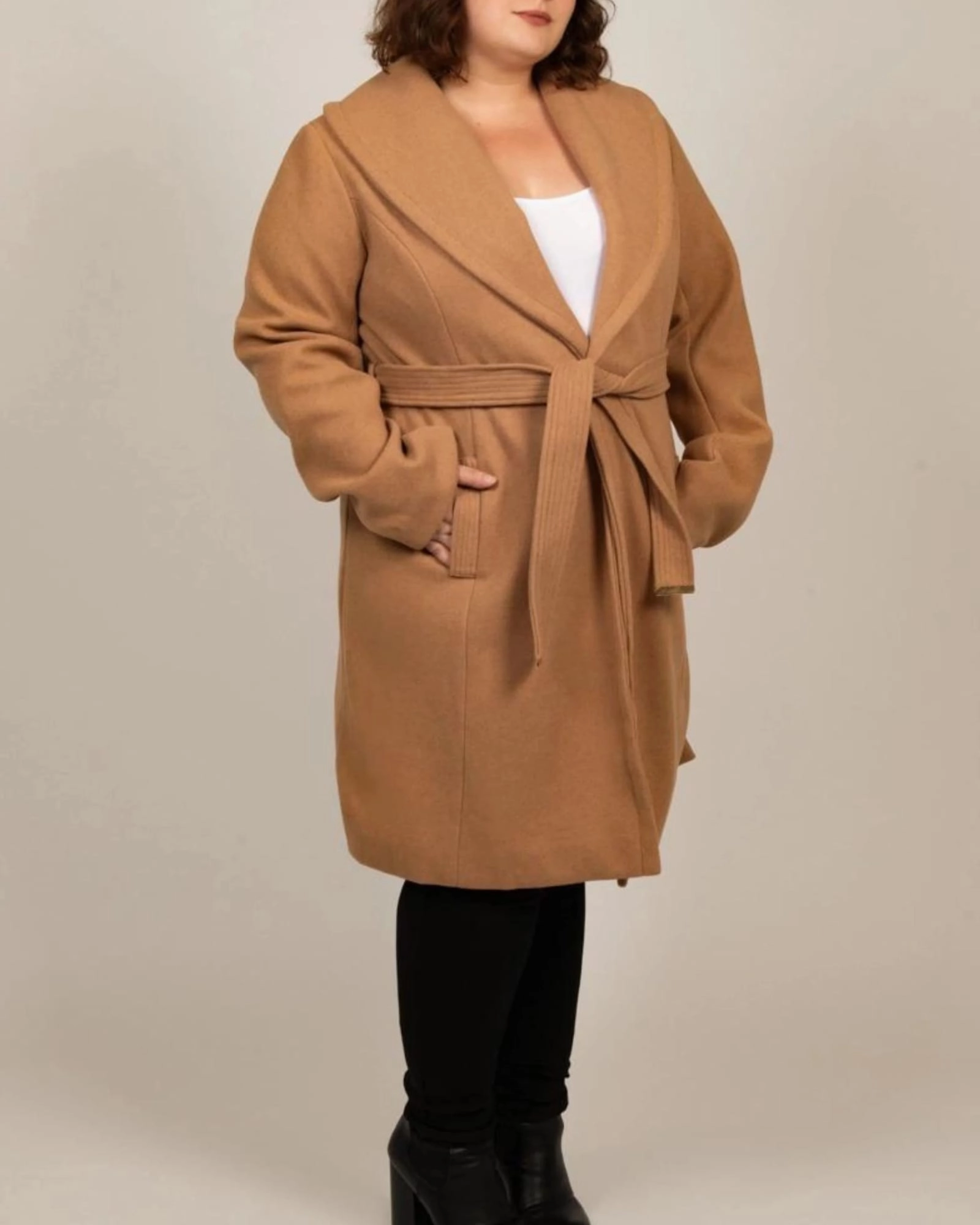 Hazel Coat Round Collar Belted Pockets | Camel Dual Zipper System Tapered Silhouette