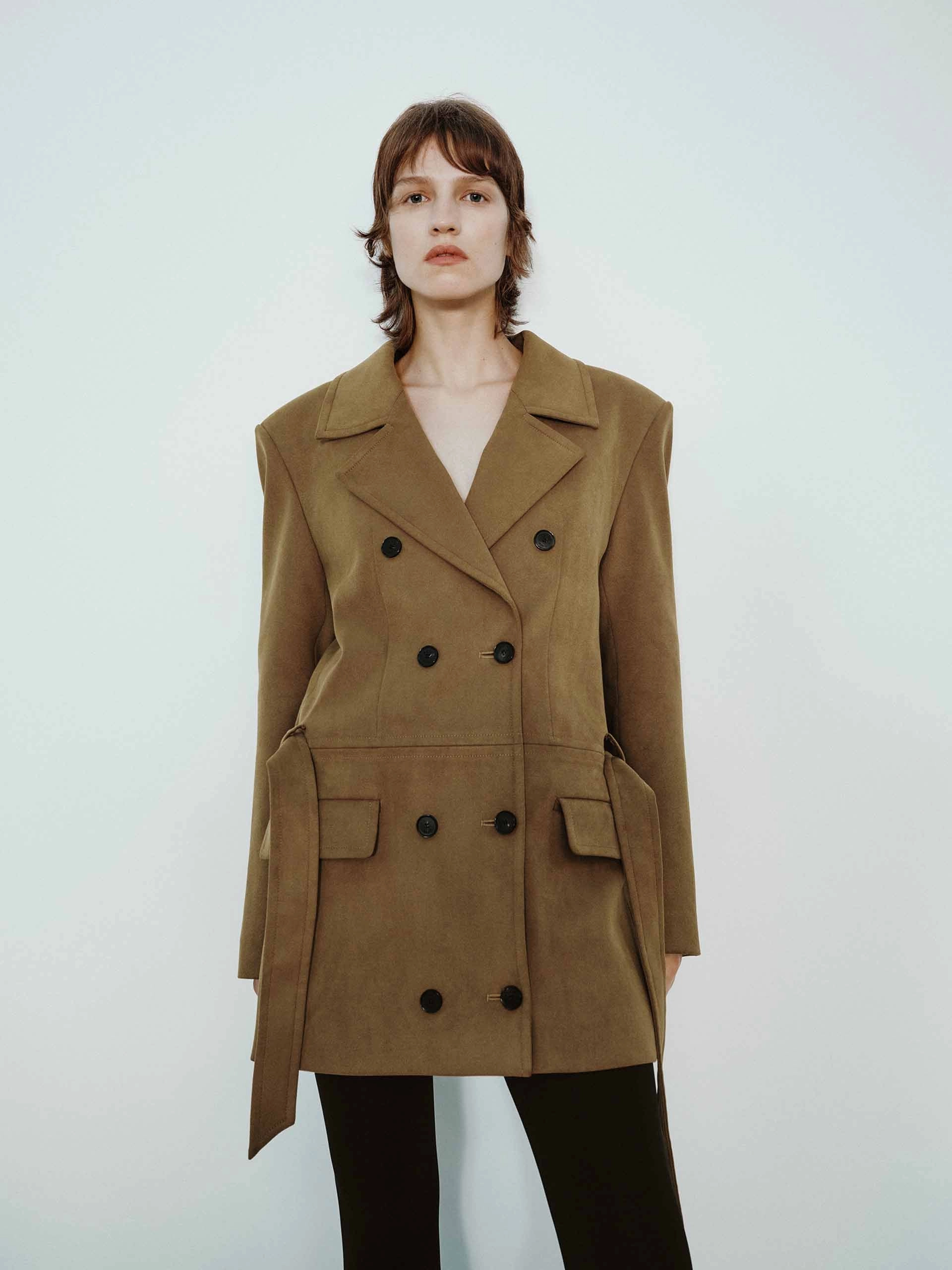 Flexible Layer Fit Suede Texture Belted Coat