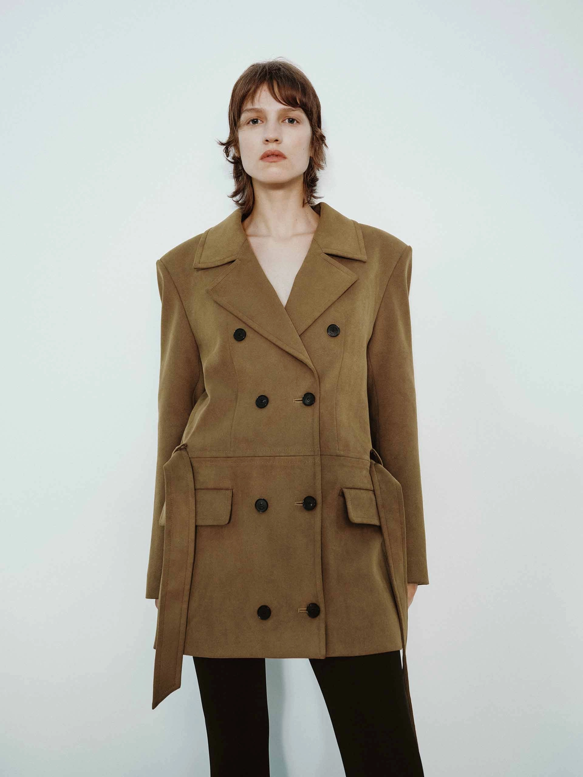Suede Texture Belted Coat Layered Insulation